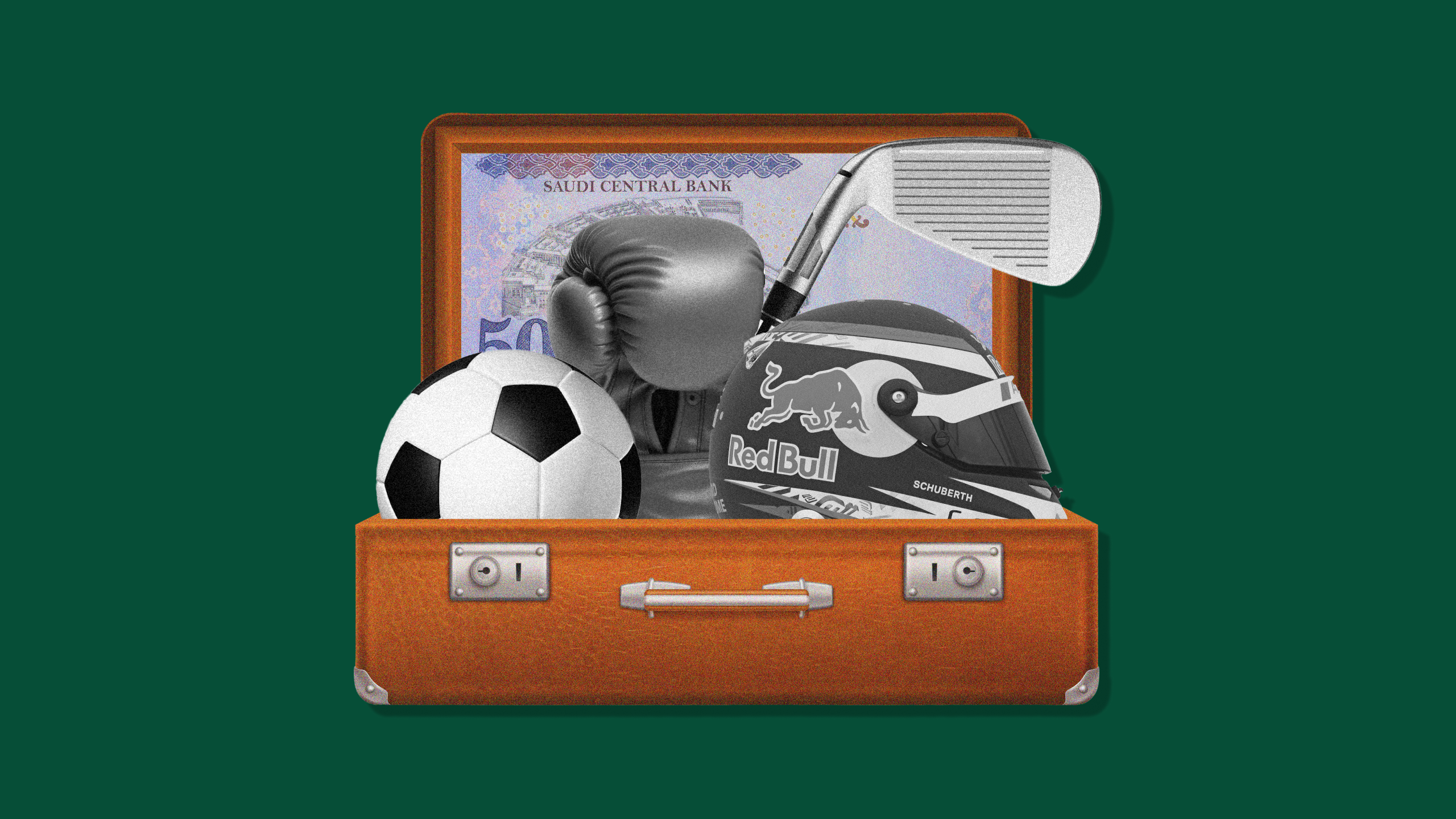 Photo of an open briefcase displaying 500 Saudi riyal, a soccer ball, boxing glove, golf club, and racing helmet