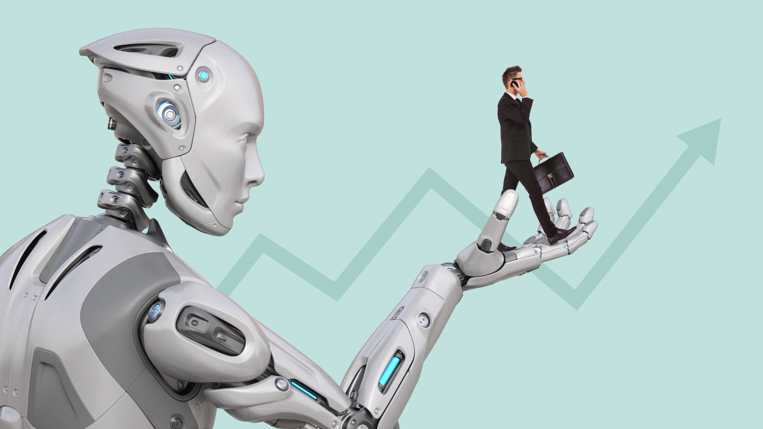 Photo illustration of an advisor walking upward on the hand of a robot