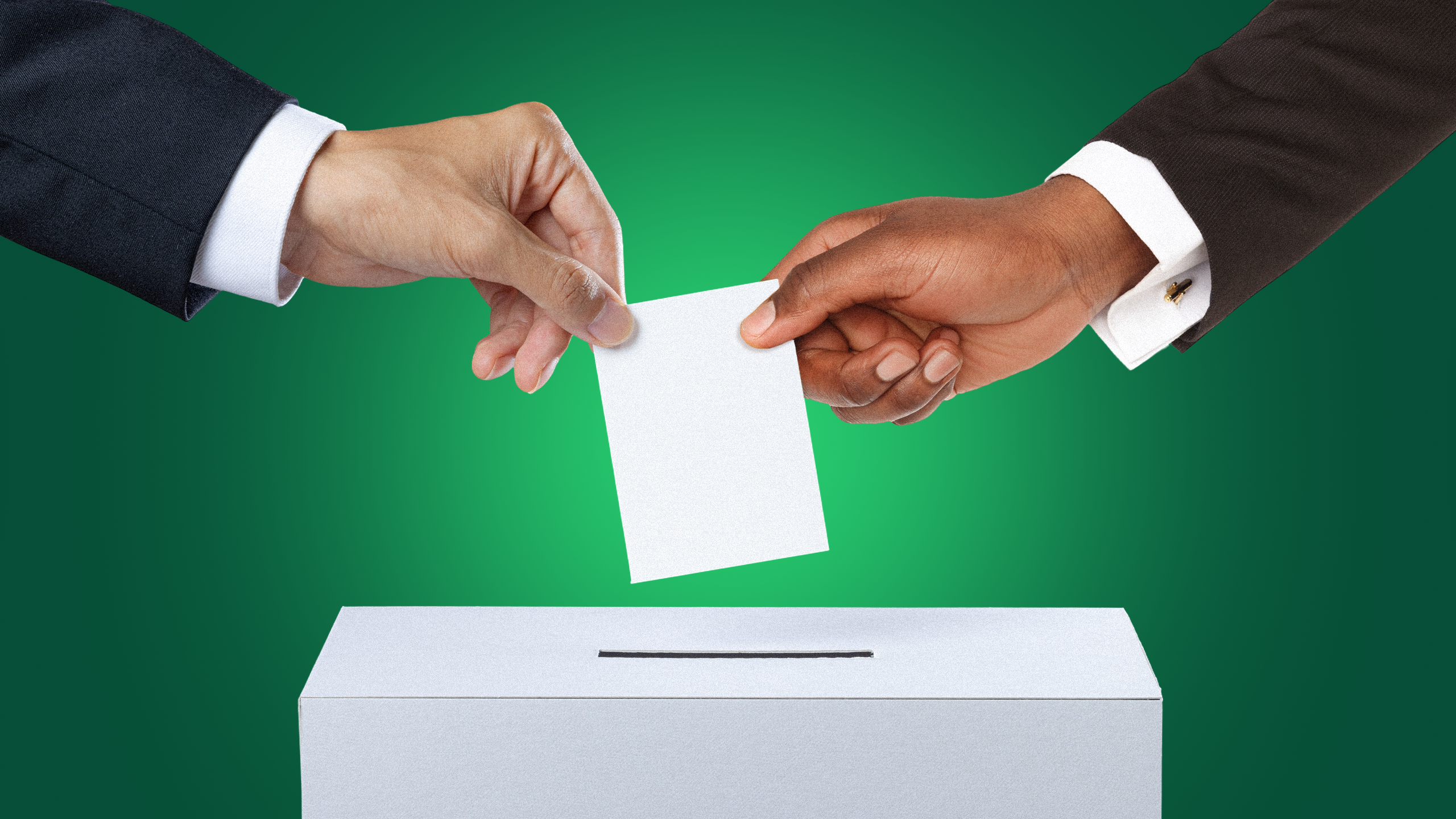 Photo illustration of two hands holding one ballot on top of a ballot box