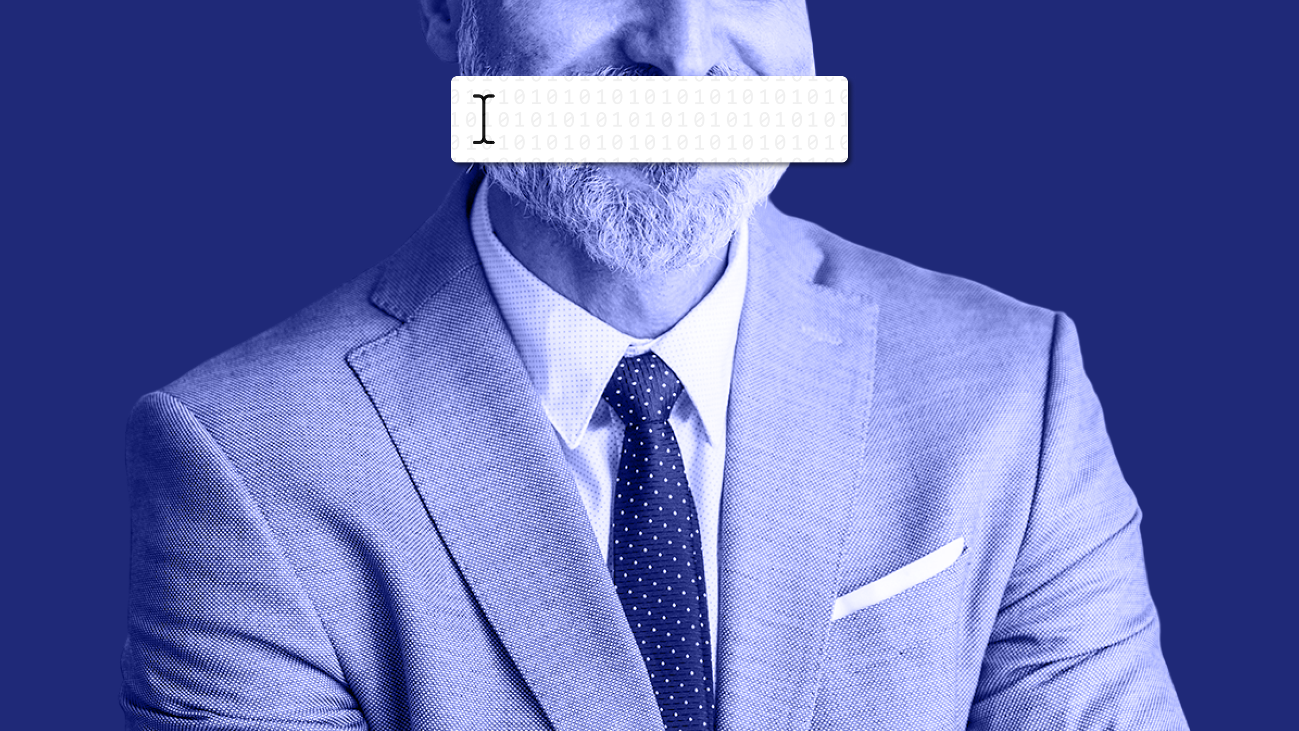 Photo illustration of a businessman with a search bar covering his mouth
