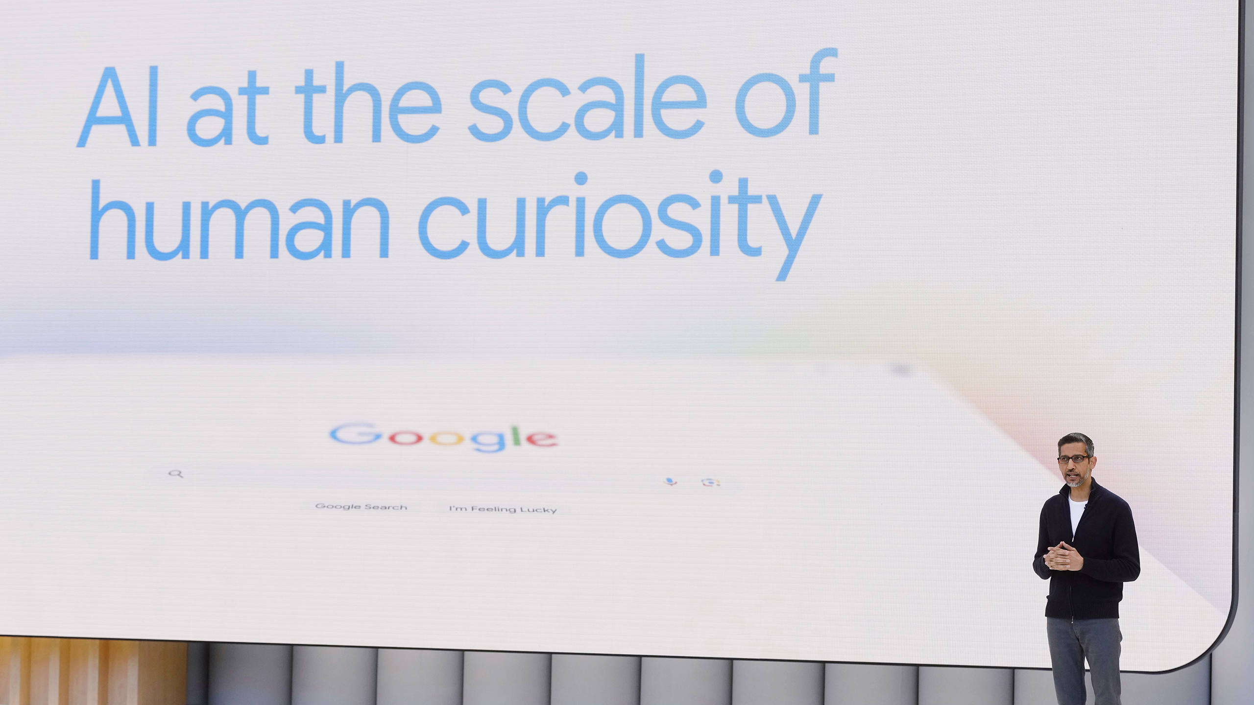 Photo of Alphabet CEO Sundar Pichai speaking at a Google I/O event in Mountain View, Calif.