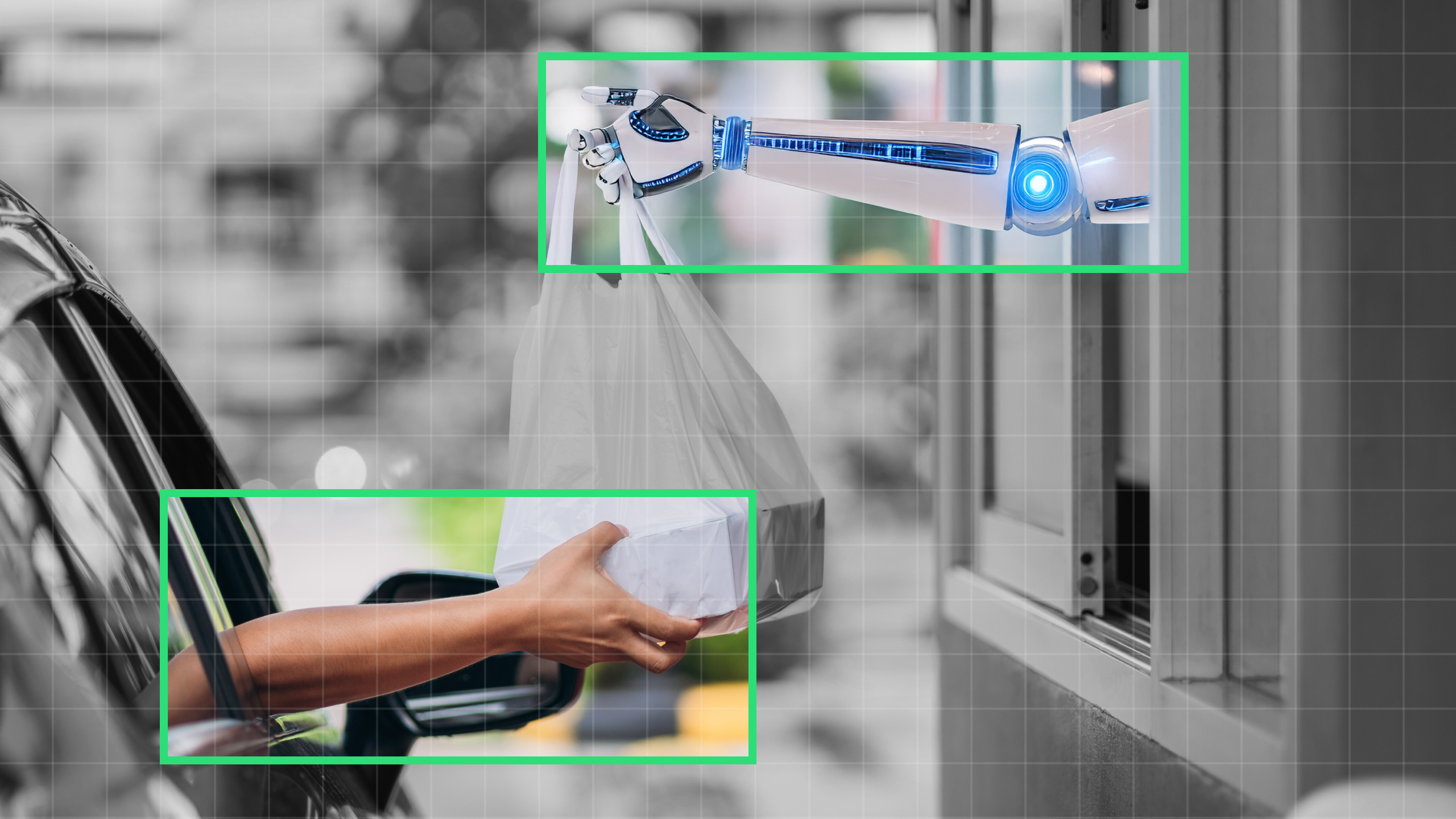 Photo illustration of a robot hand in a drive thru window handing food to a person in a car
