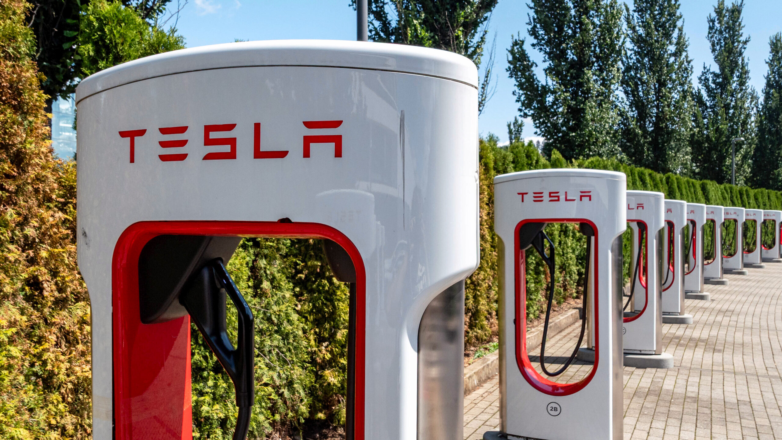 Photo of a row of Tesla chargers.
