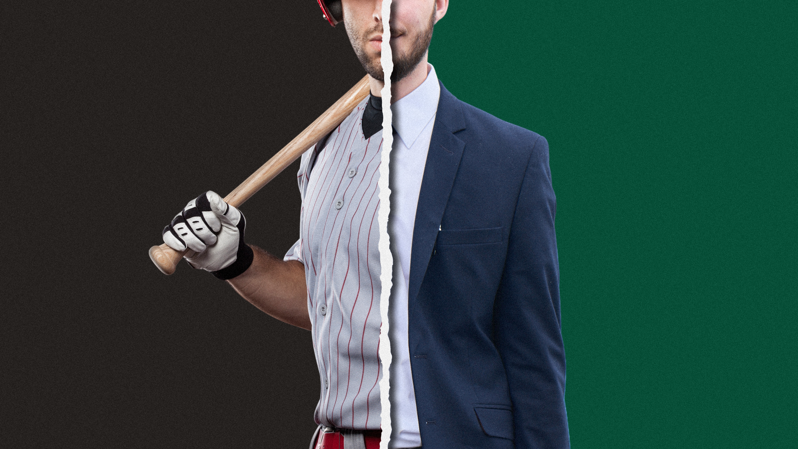 Photo illustration of half a baseball player and half a business person