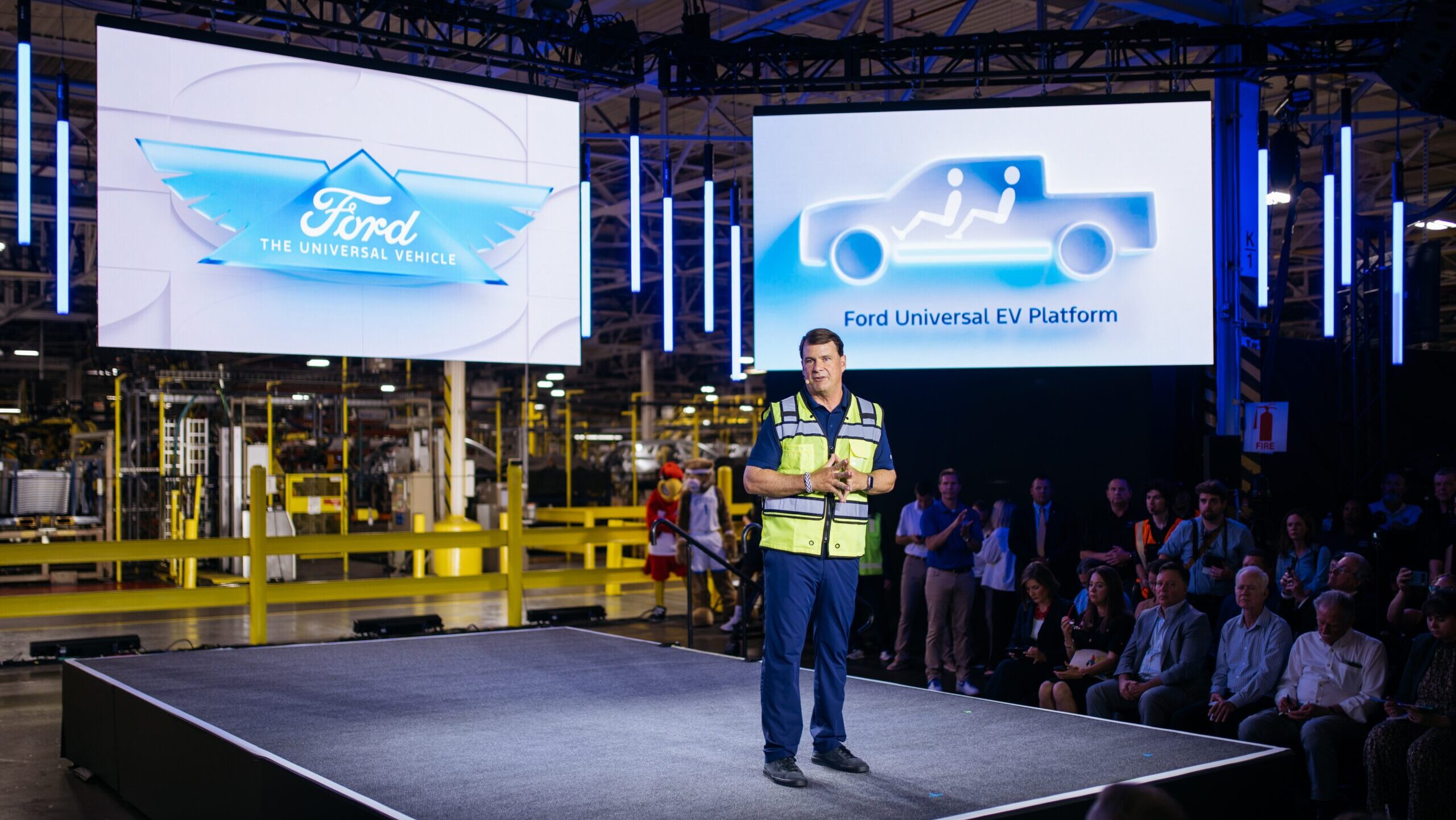 Ford President and CEO Jim Farley speaks at Louisville Assembly Plant as the company shares its plans to design and assemble breakthrough electric vehicles in America on August 11, 2025.