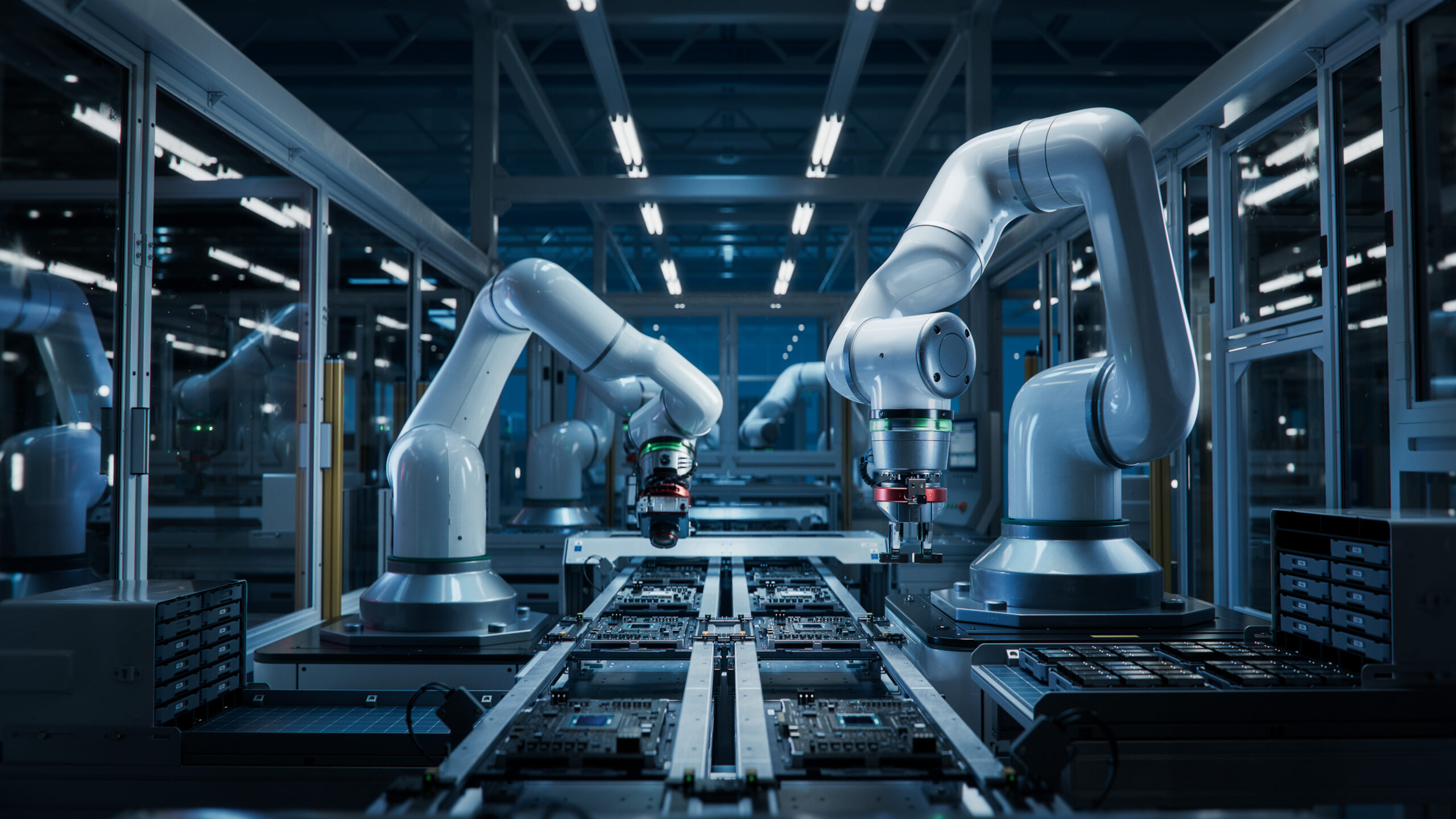 Robots on a factory line.