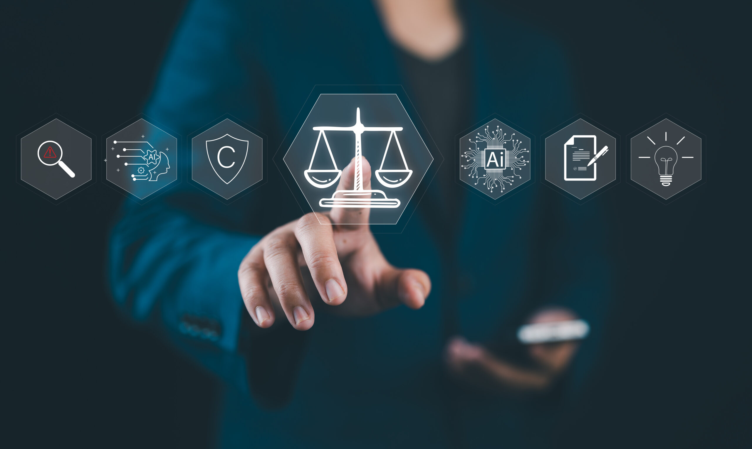 AI Laws and Regulations Concept. Man touches digital icons represent justice, AI, copyright, and regulations, symbolizing intersection of law and artificial intelligence.