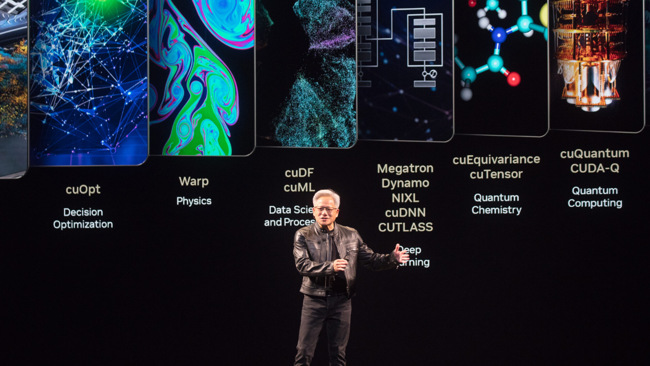 Nvidia CEO Jensen Huang stands on a stage to deliver a keynote address during a conference in Taipei.