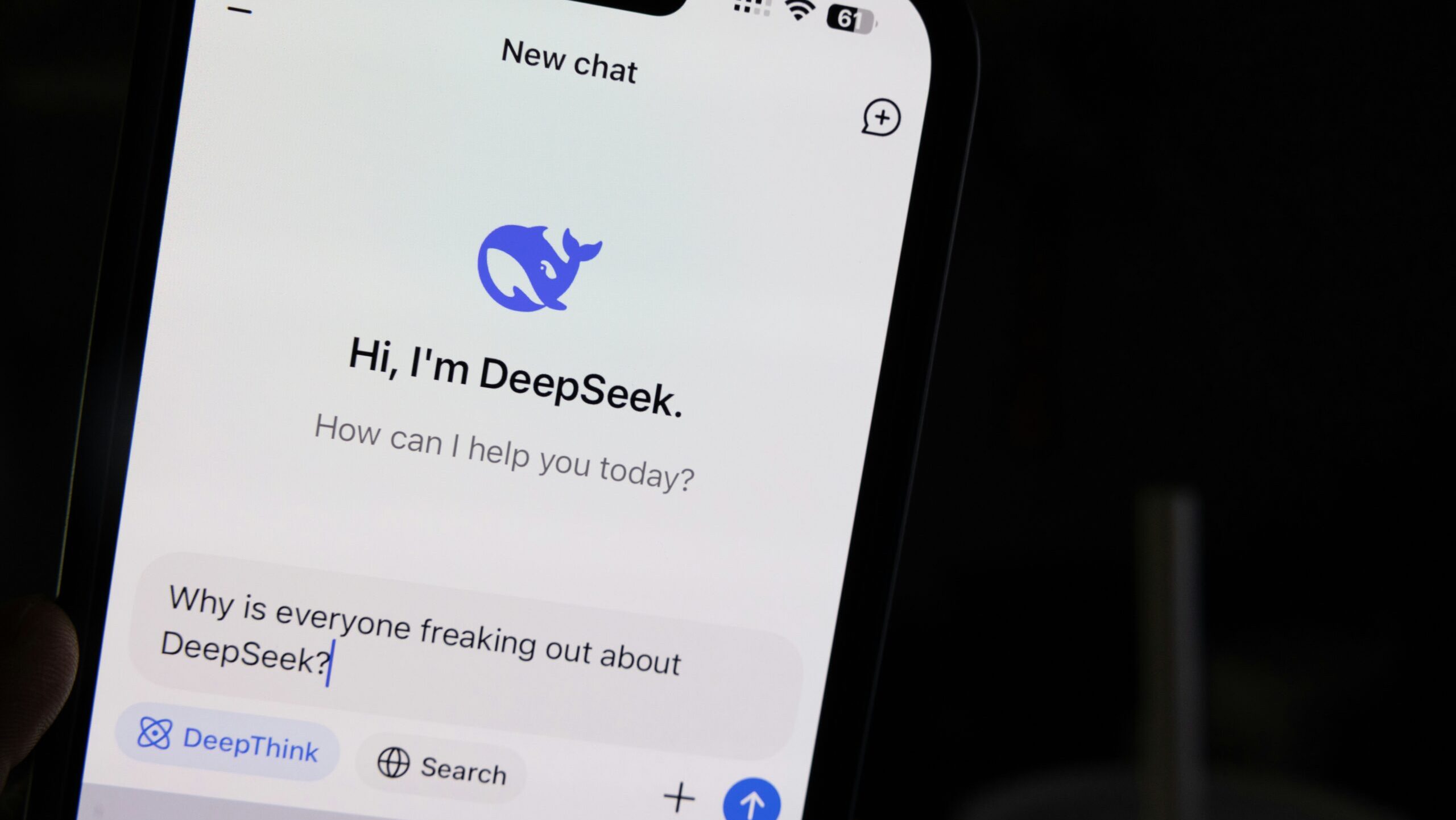 An iPhone shows the DeepSeek chatbot app opened on its screen.