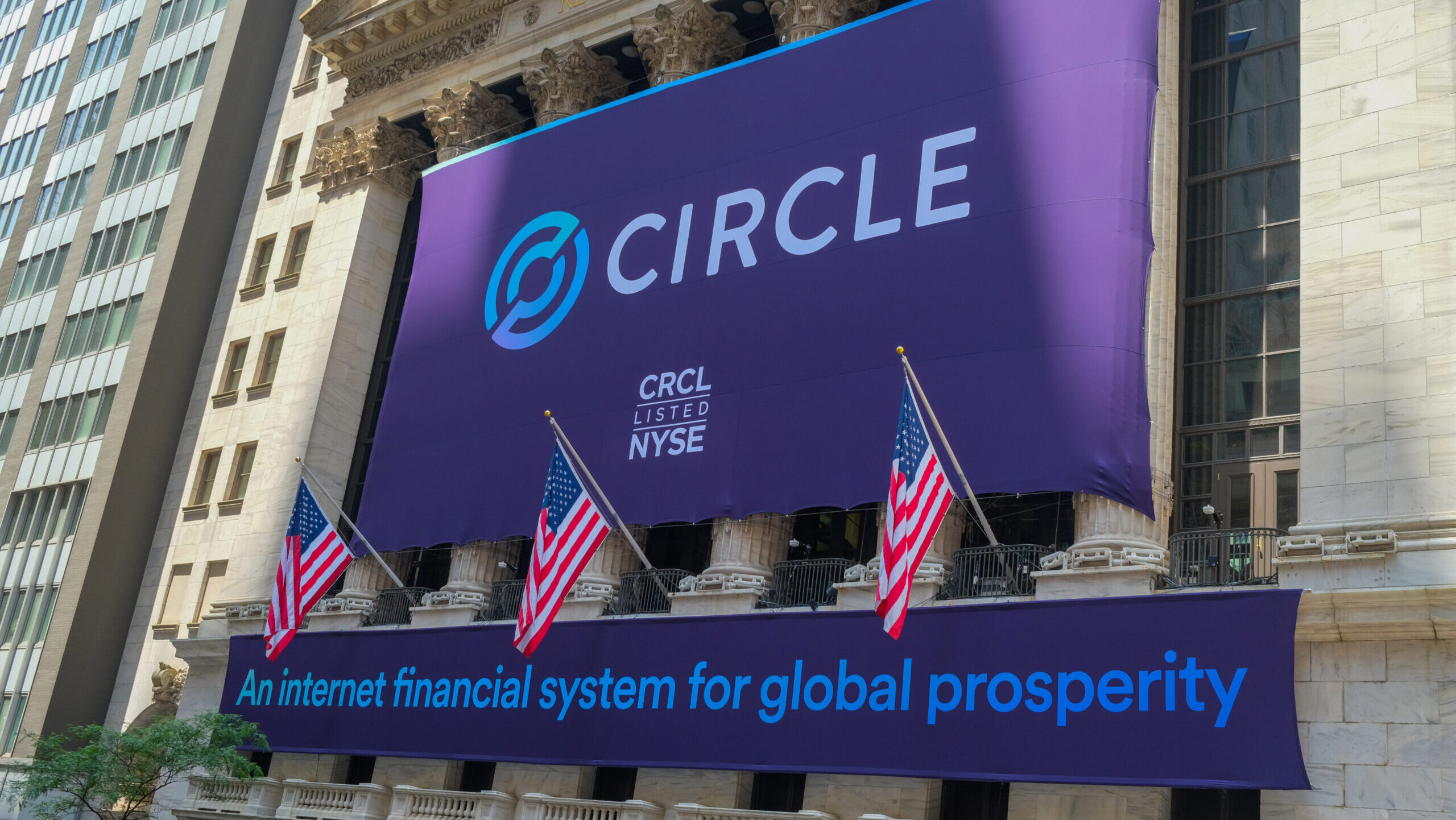 Circle's logo is displayed on a banner in front of the New York Stock exchange.
