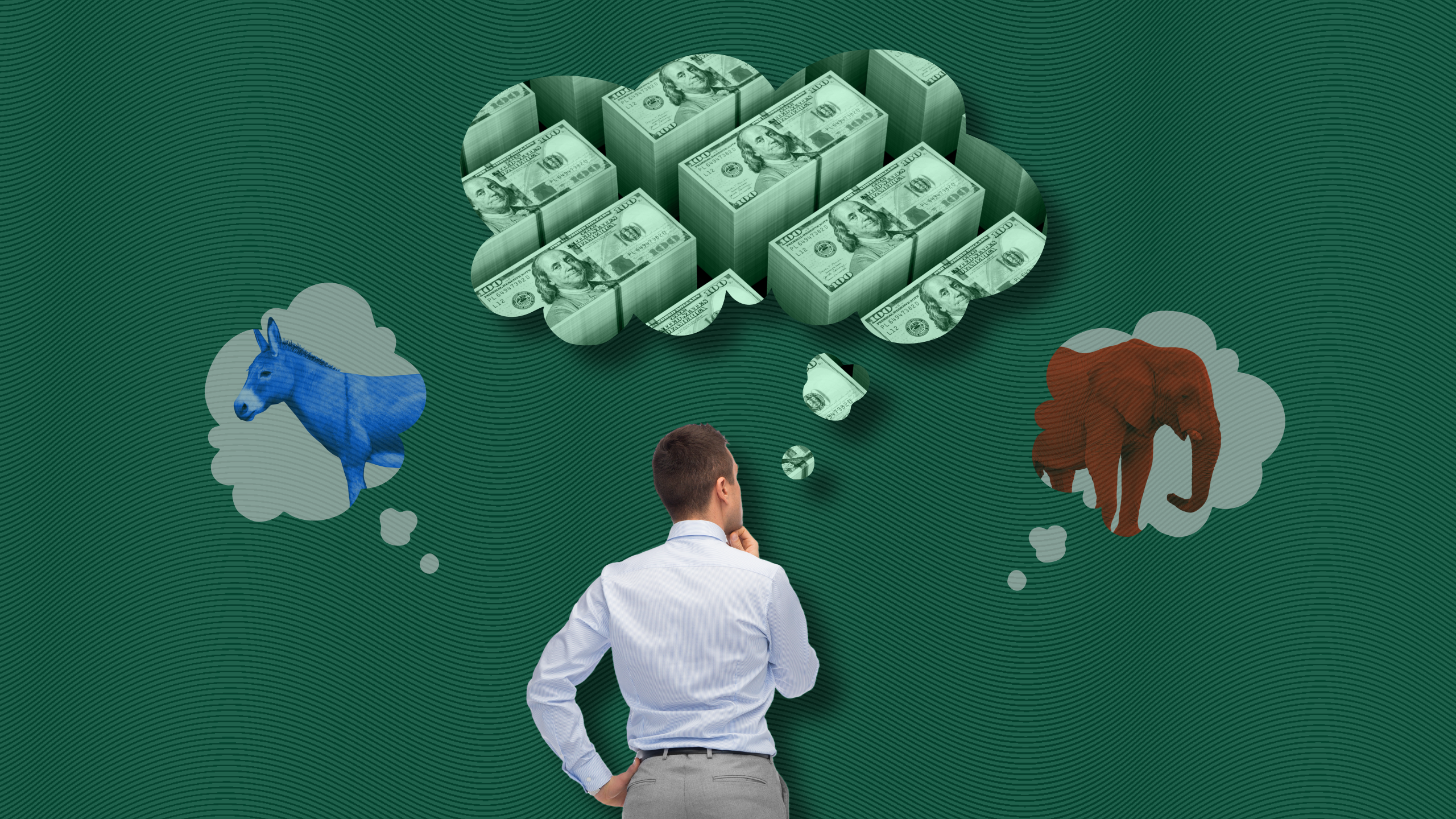 Photo of a businessman with three thought bubbles over his head; one of a blue donkey, one of a red elephant, and a larger one of money