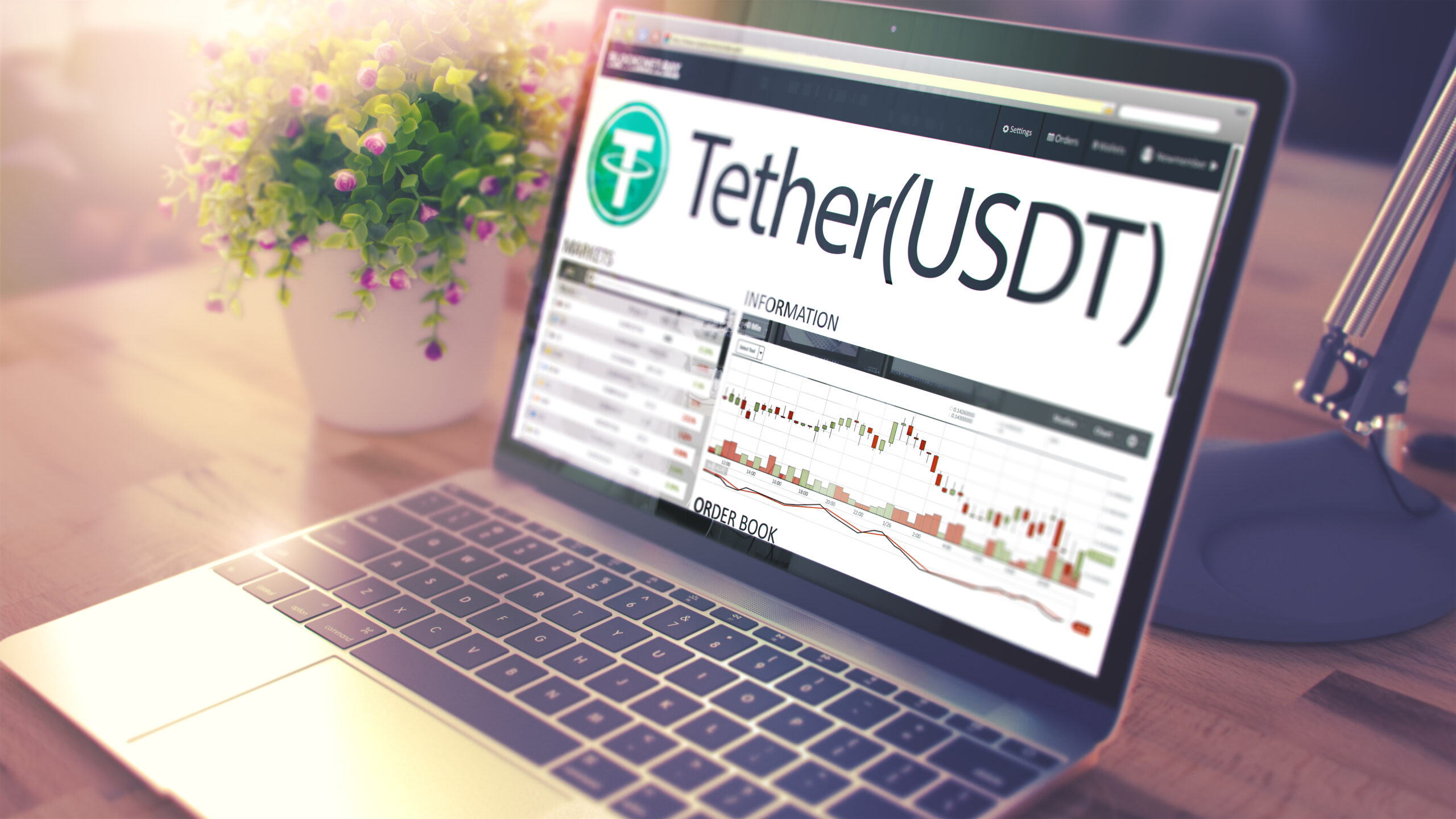 An illustrated scene depicts a laptop screen open to Tether's website on a work desk.