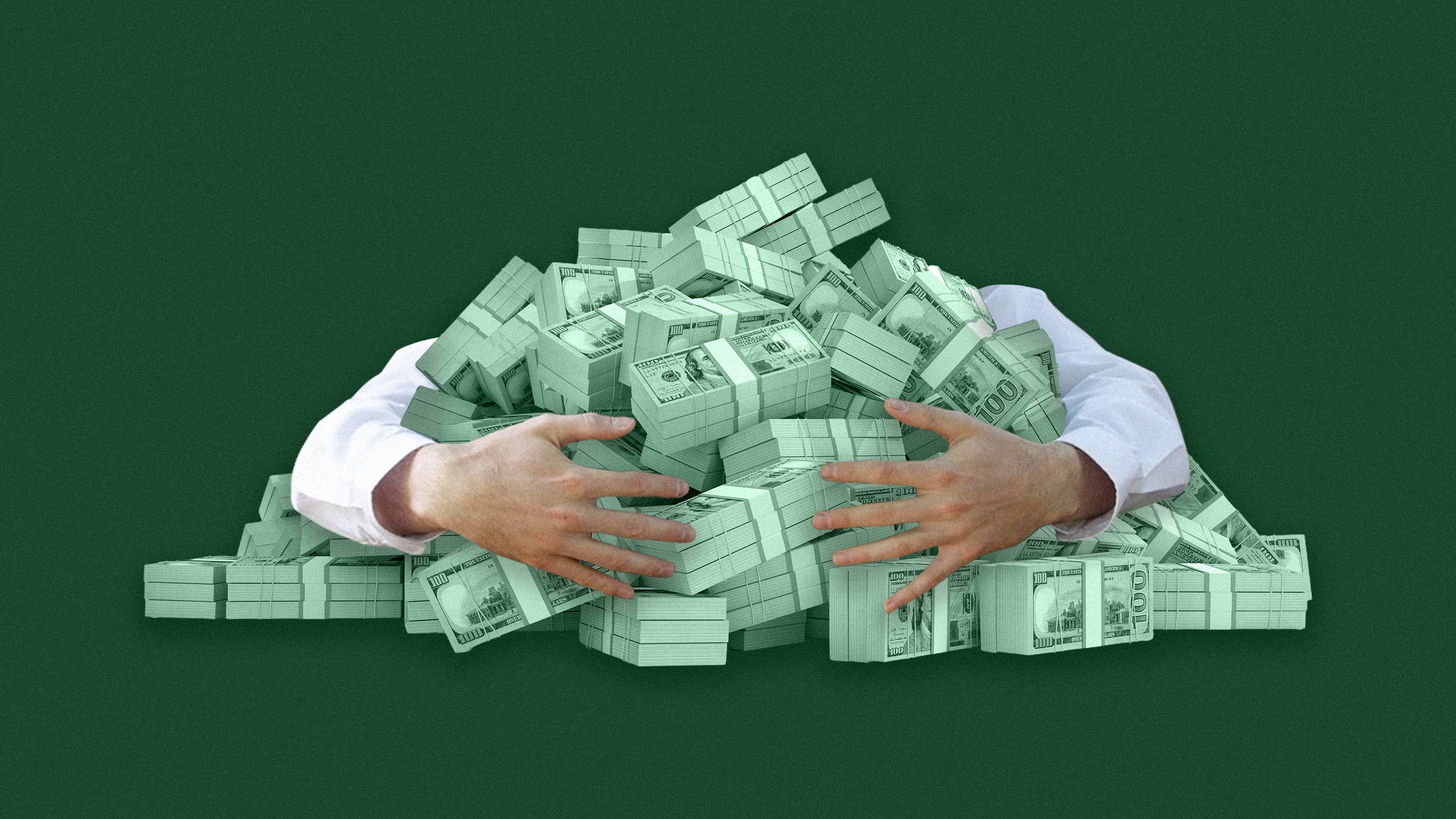 Photo illustration of two arms wrapped around a pile of money