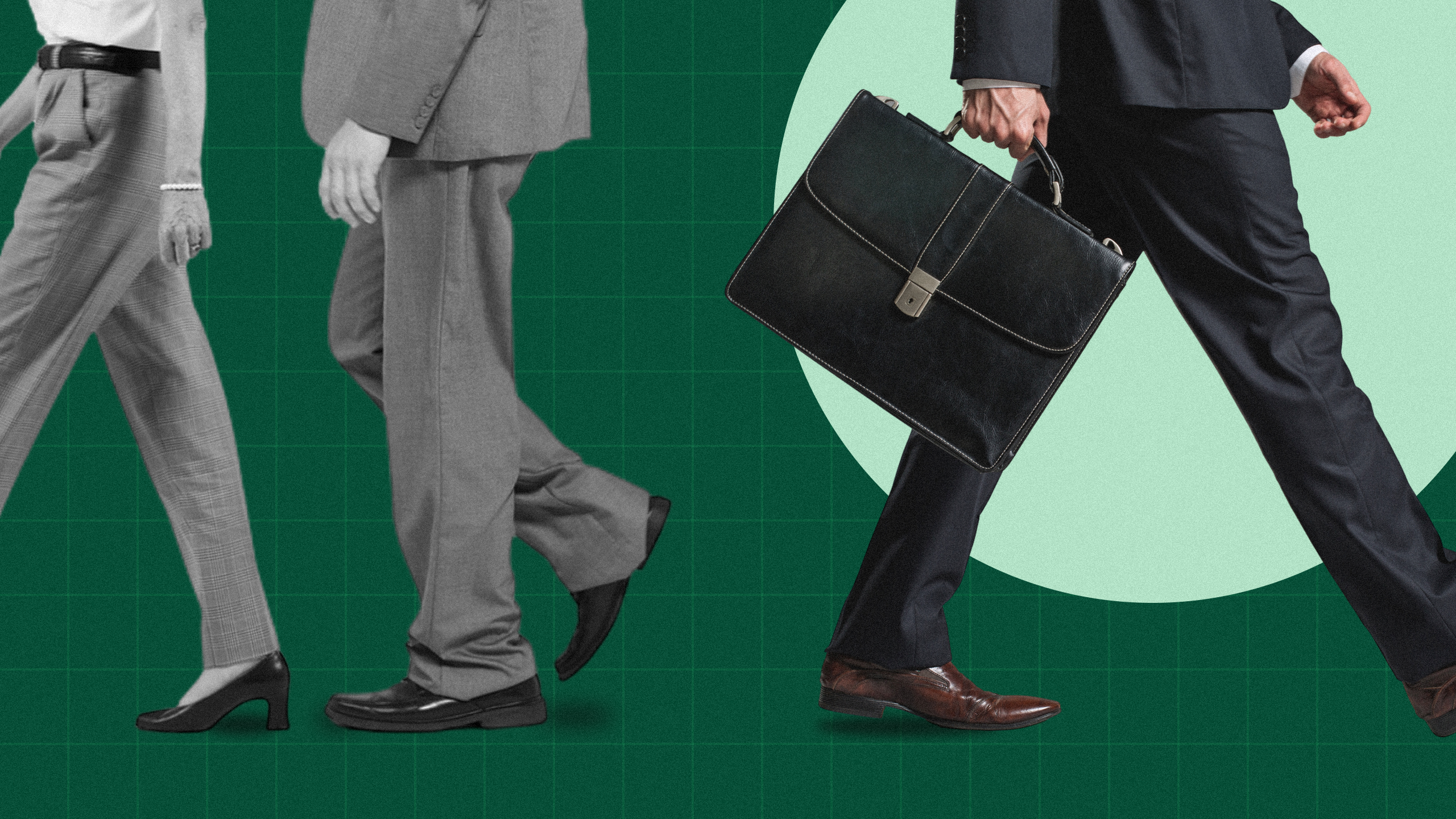 Photo illustration of a business man walking in the opposite direction of other business people