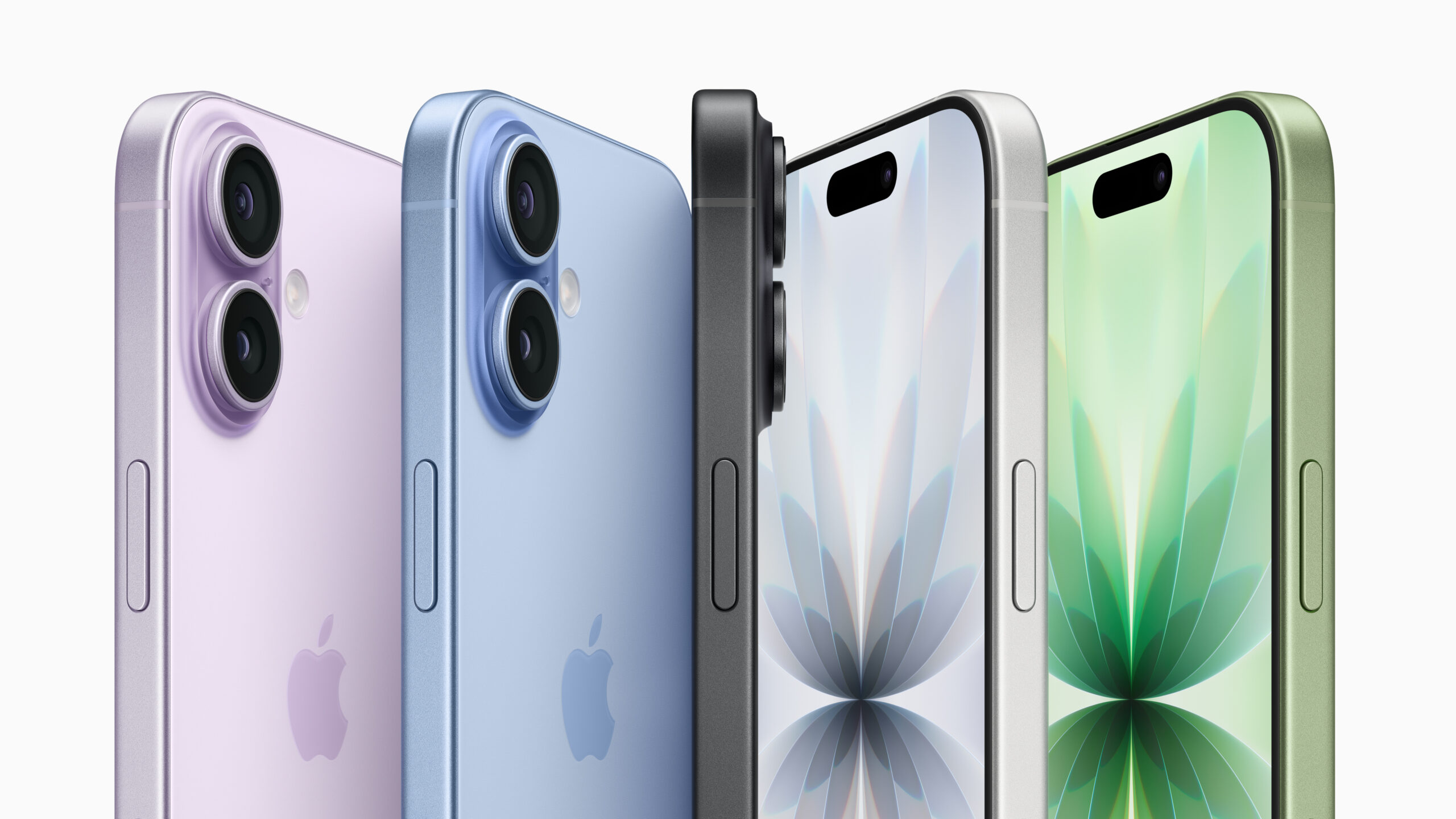 Five iPhones in varying colors are shown lined up next to one another.
