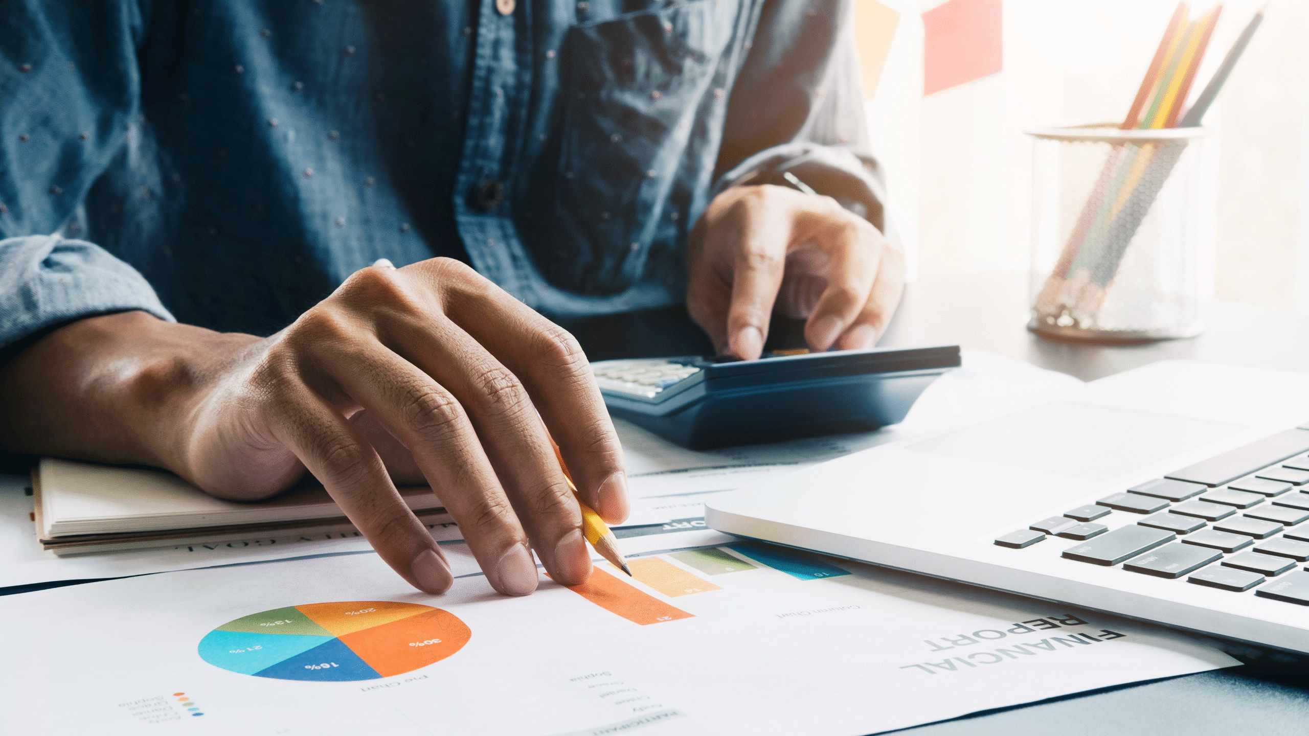 Photo of a person pointing at bar graphs and pie charts and using a calculator