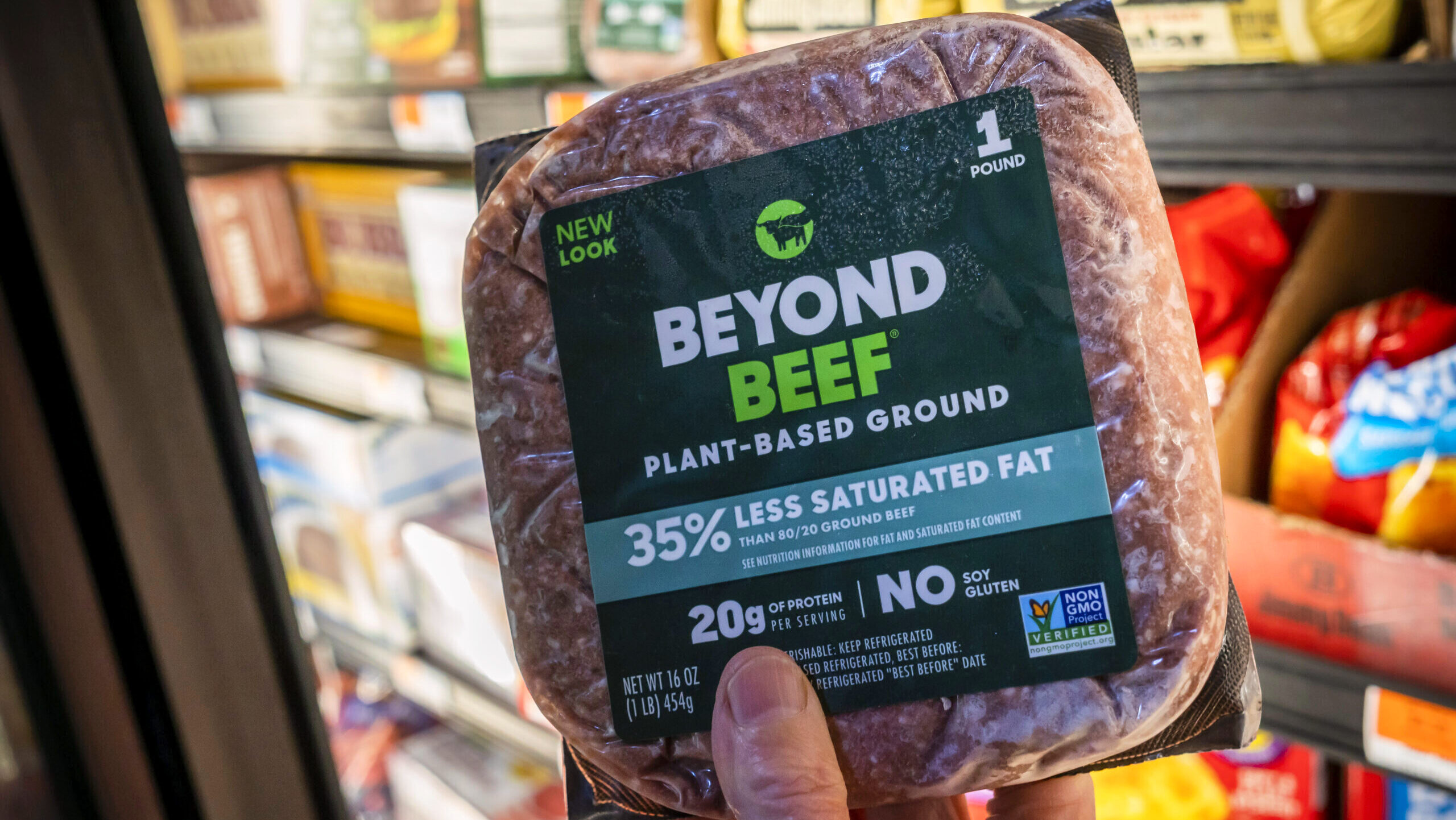 Photo of Beyond Meat's "beef" product at a supermarket.