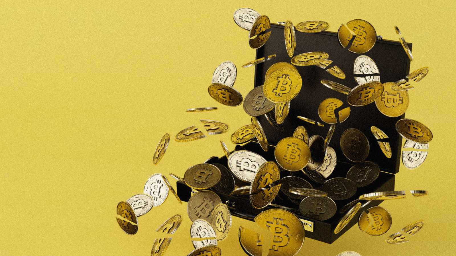 Photo illustration of Bitcoins spilling out of a briefcase, many of them cracked into two pieces
