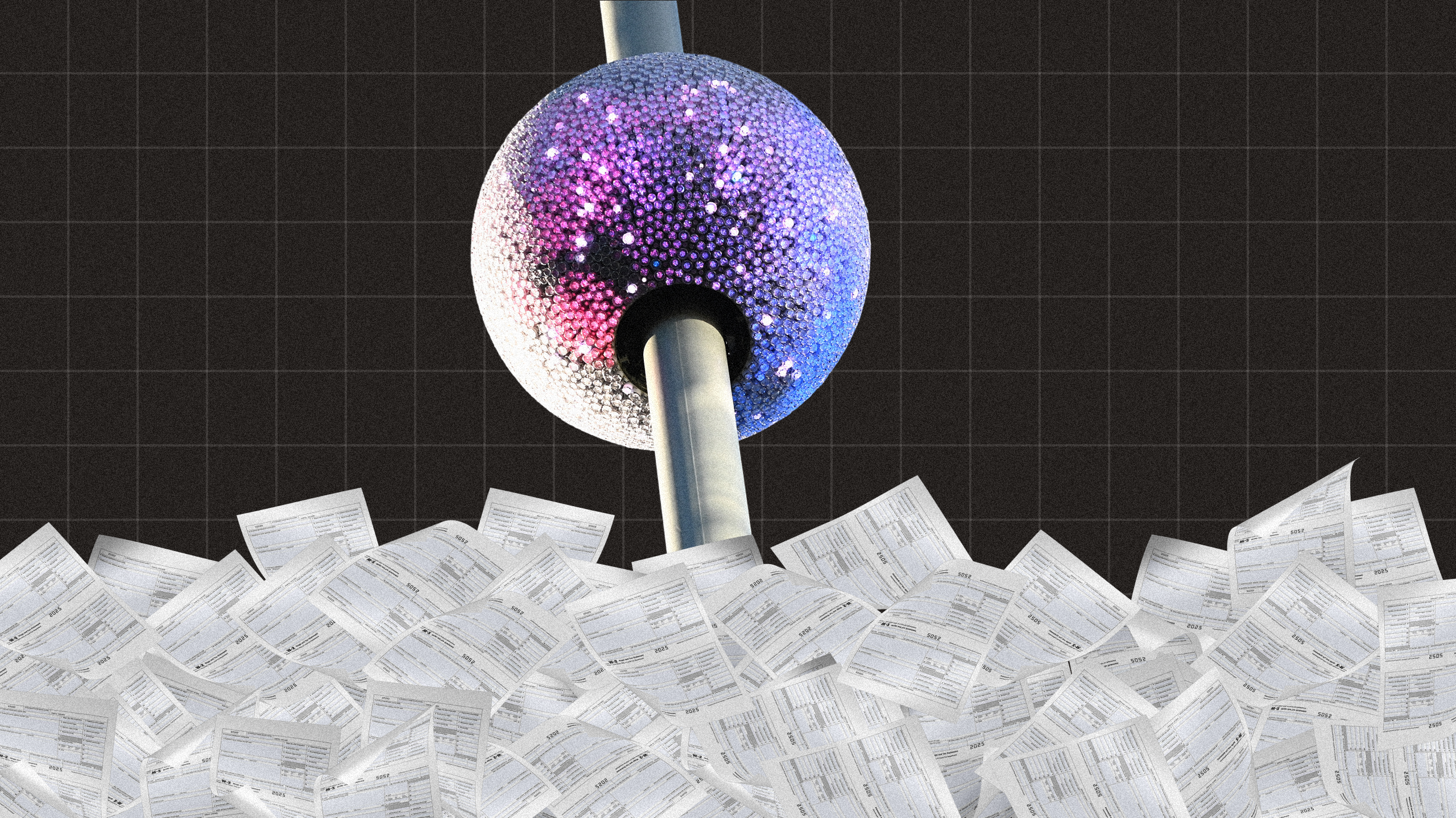 Photo illustration of the Times Square ball dropping into a pile of W-2 tax forms