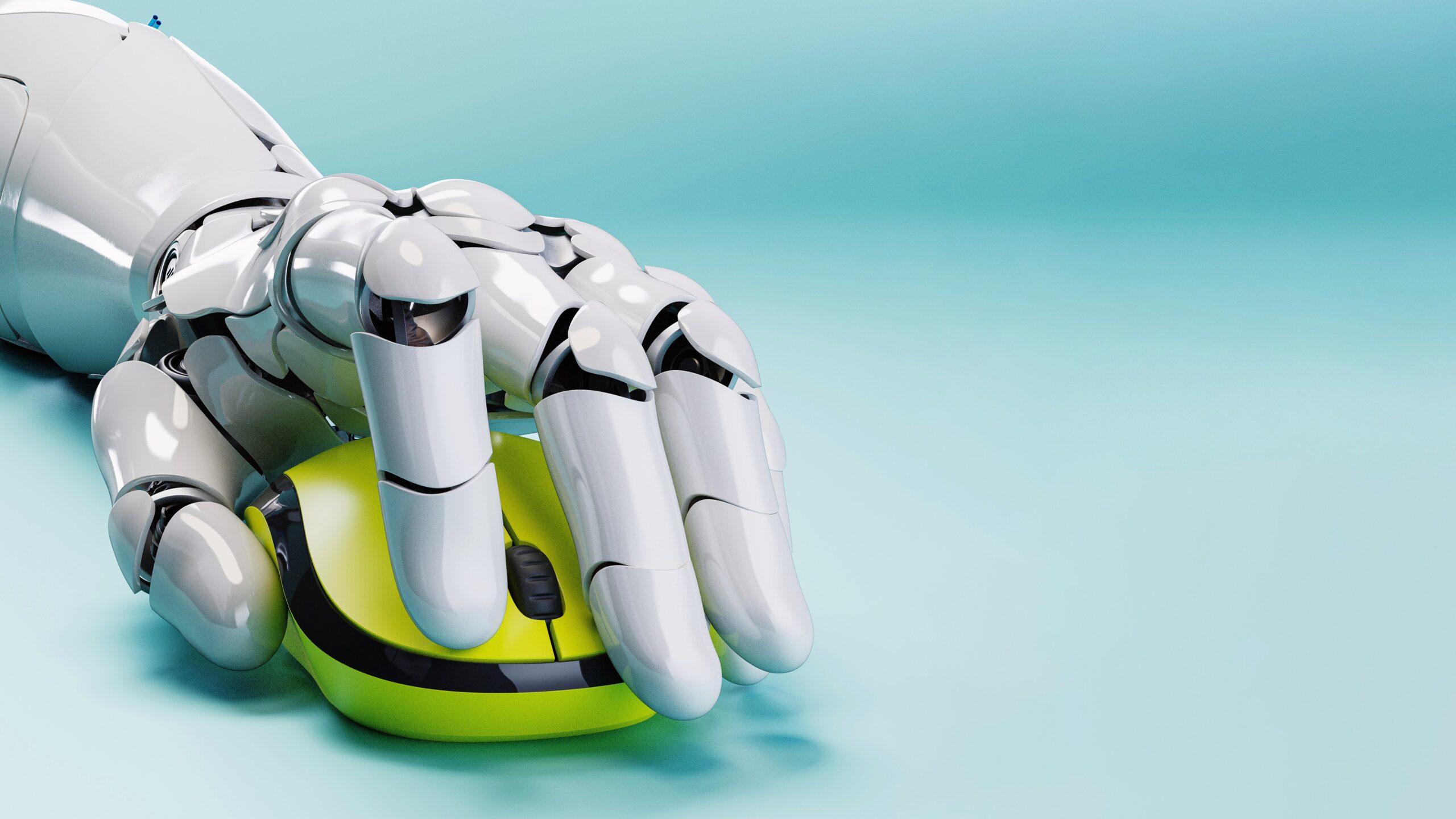 Photo of a robot holding a computer mouse