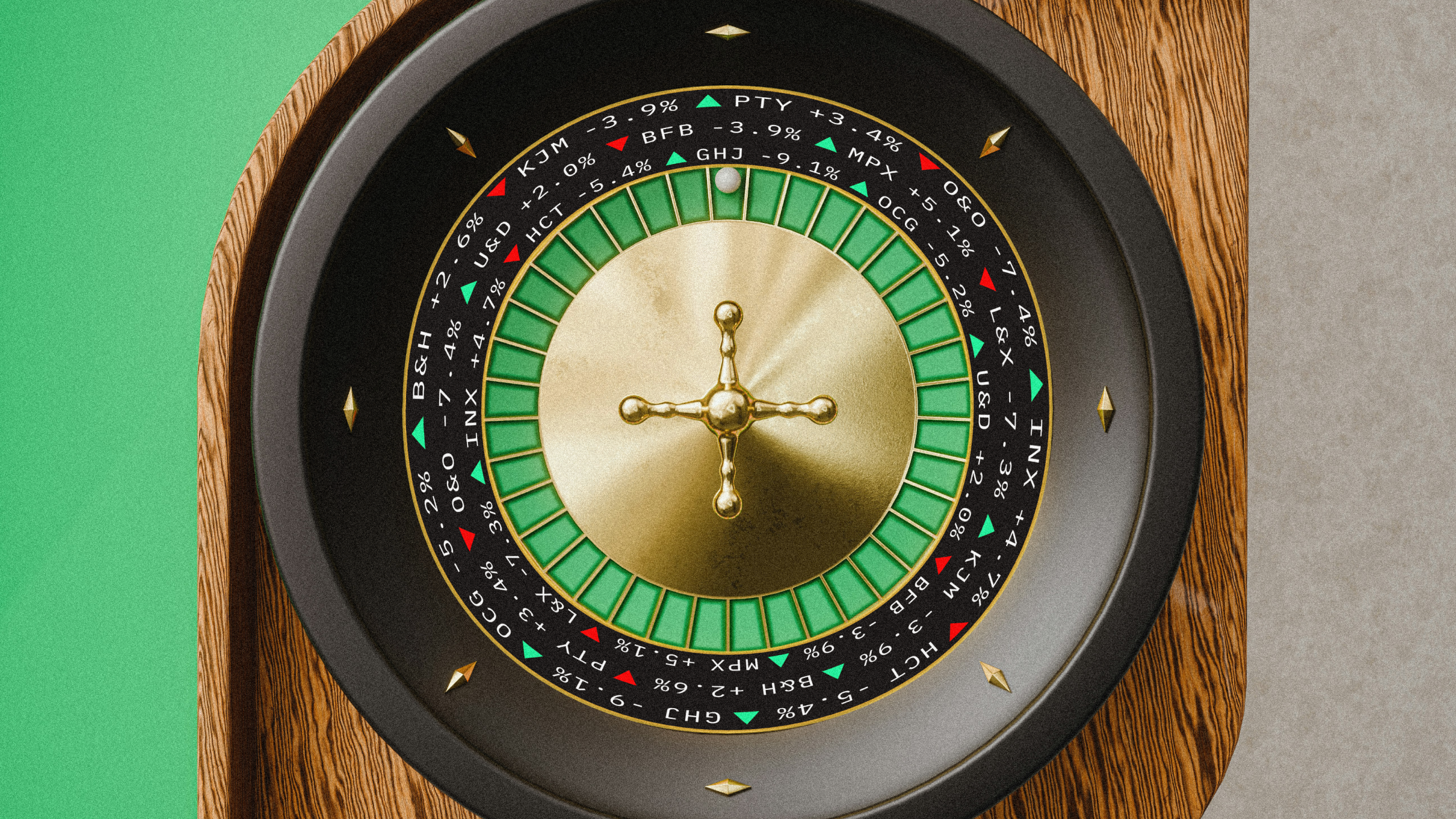 Photo illustration of a roulette wheel with stock ticker ribbons around the wheel