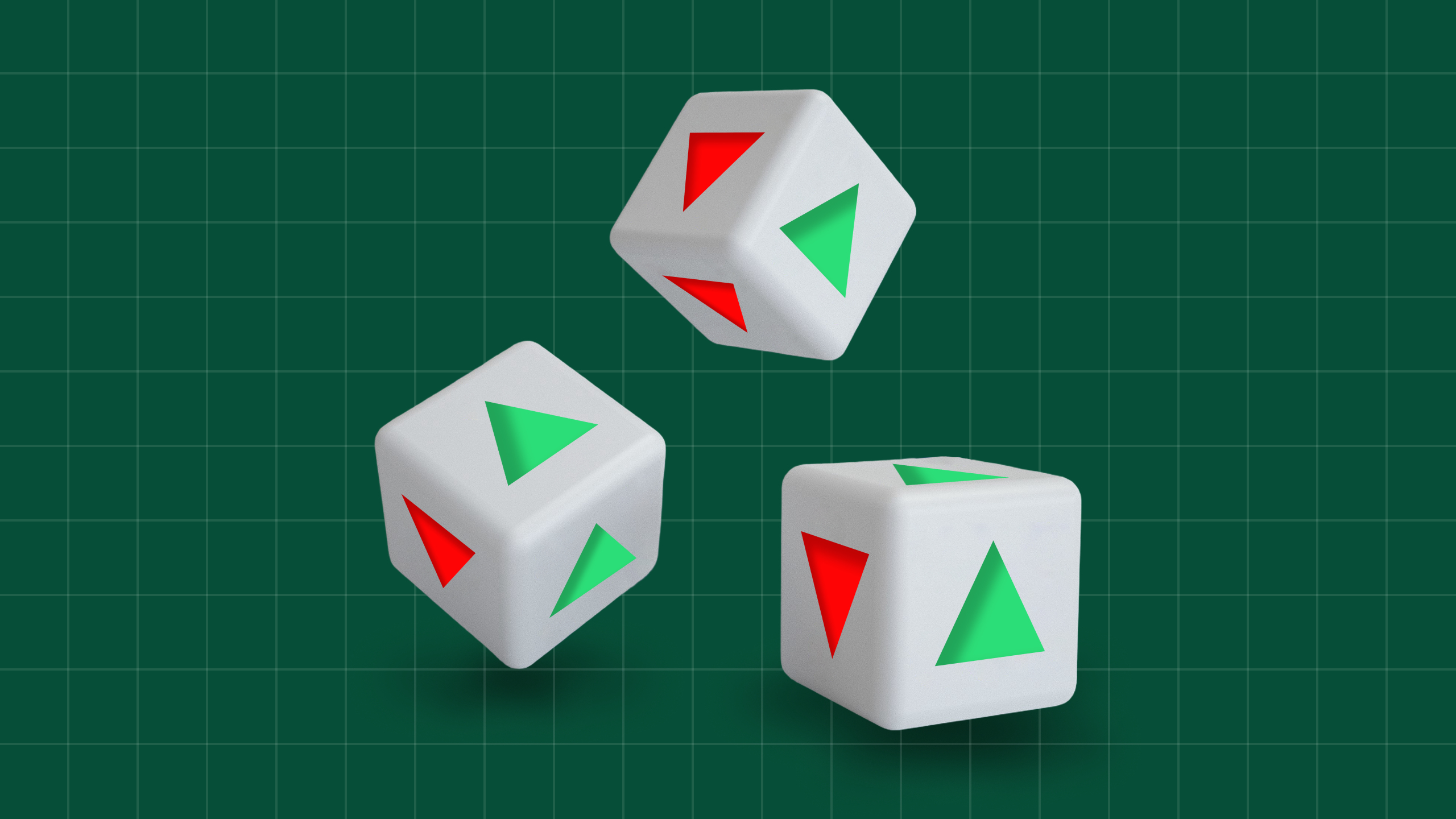 Photo illustration of three dice with upward and downward arrows on their faces