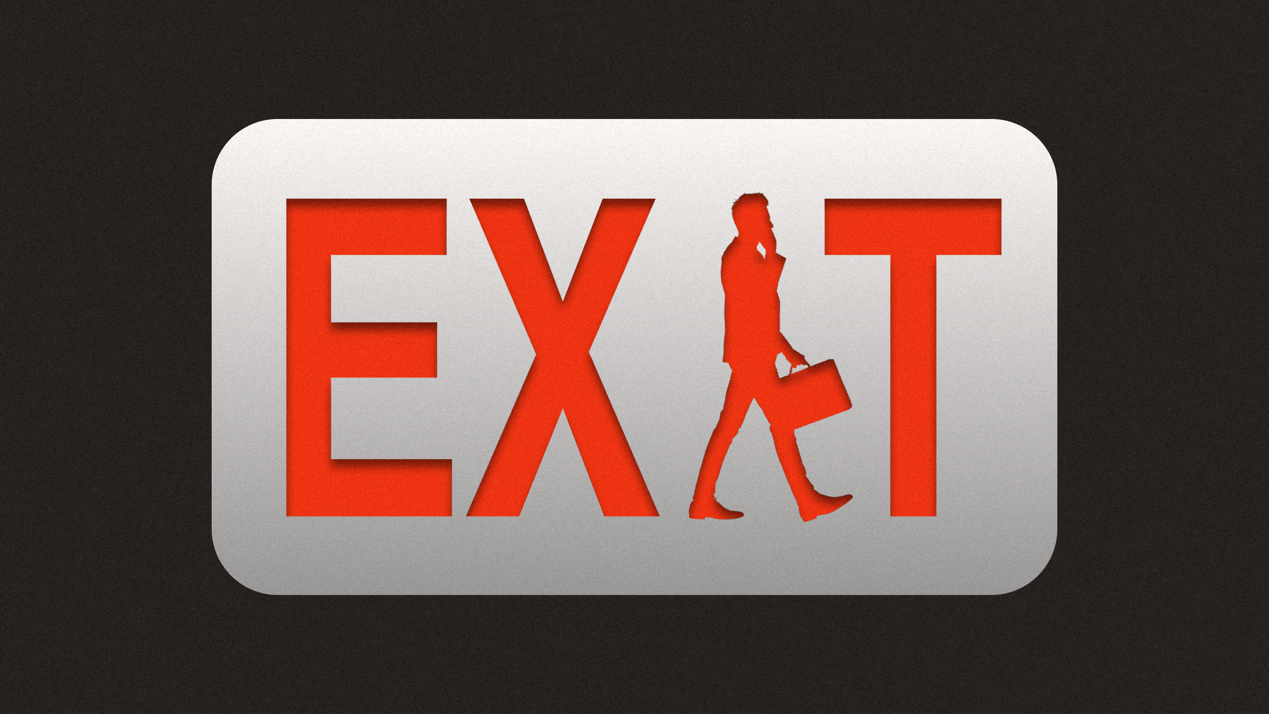 Photo illustration of an exit sign with a silhouette of a man holding a briefcase in place of the "I"