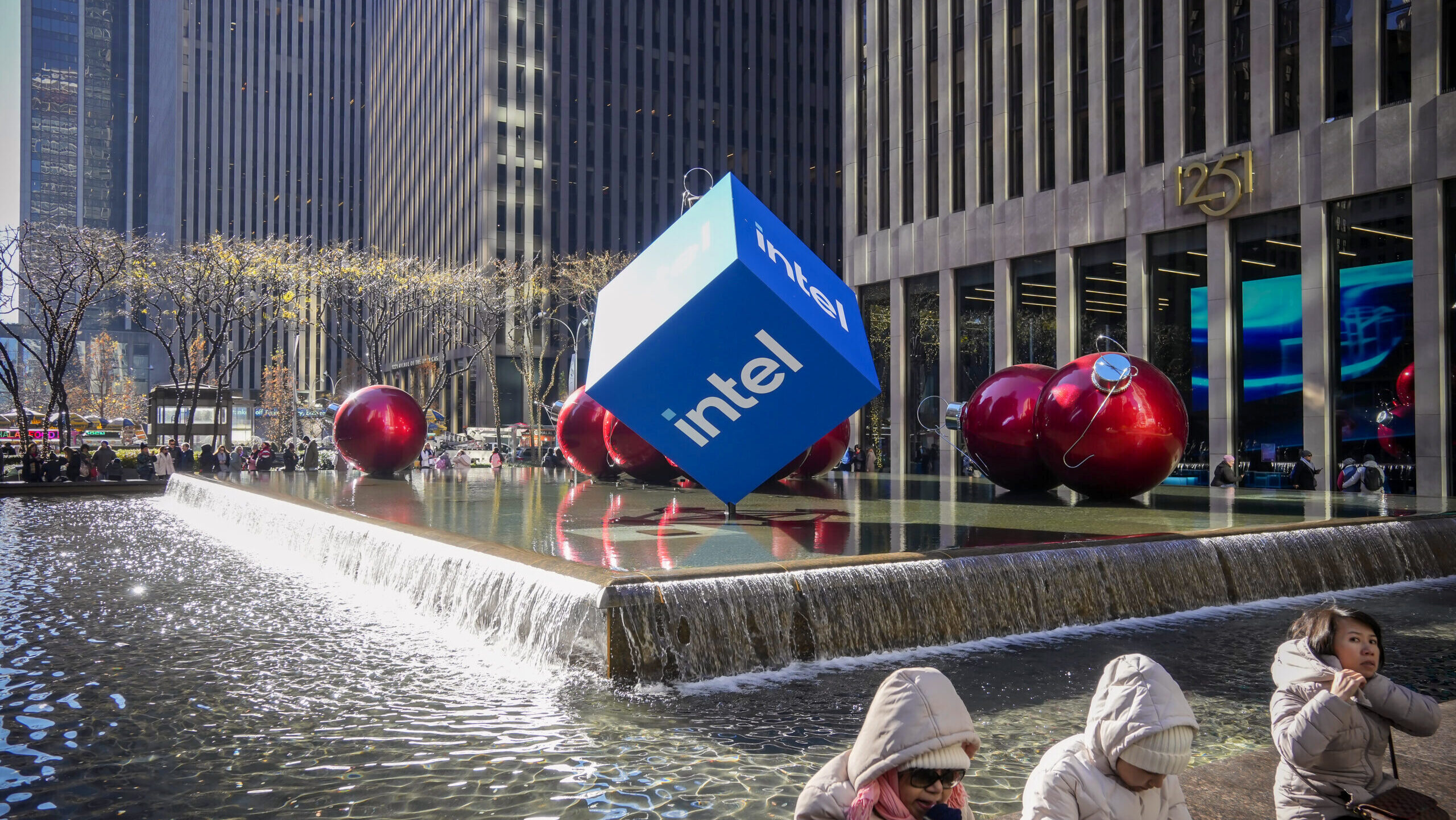 Photo of the logo of Intel on a display in New York City.