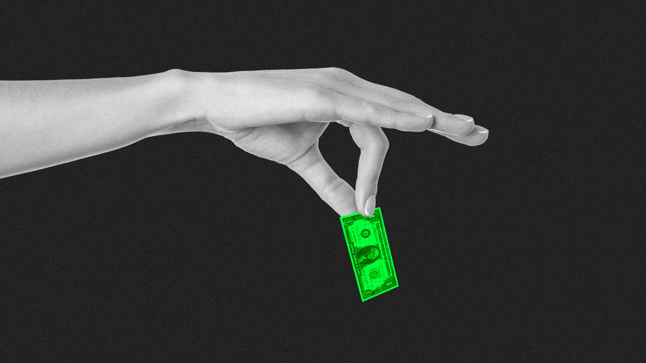 Photo illustration of a person holding a tiny one dollar bill