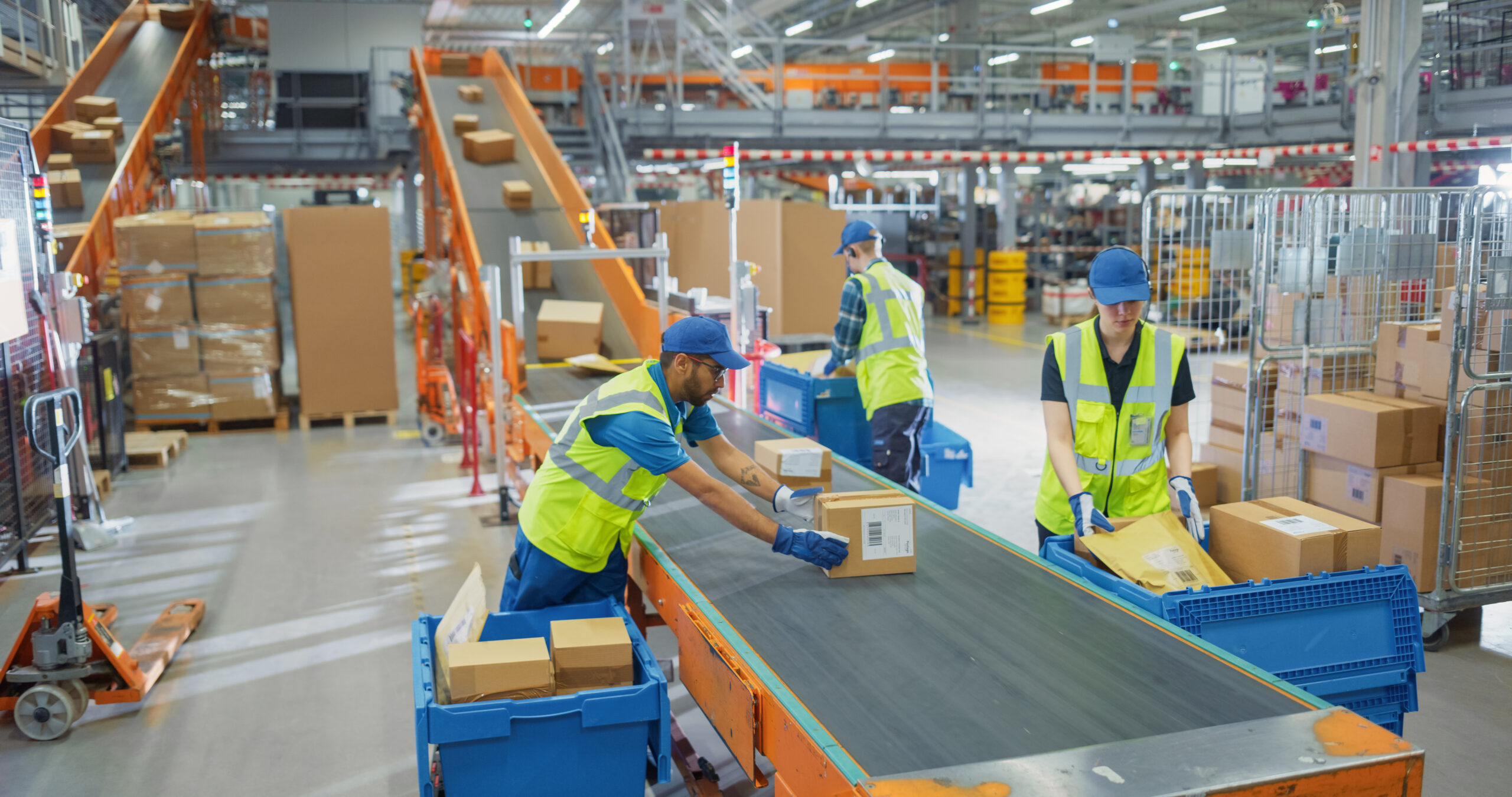 Workers at a warehouse organize parcels on a conveyer belt.