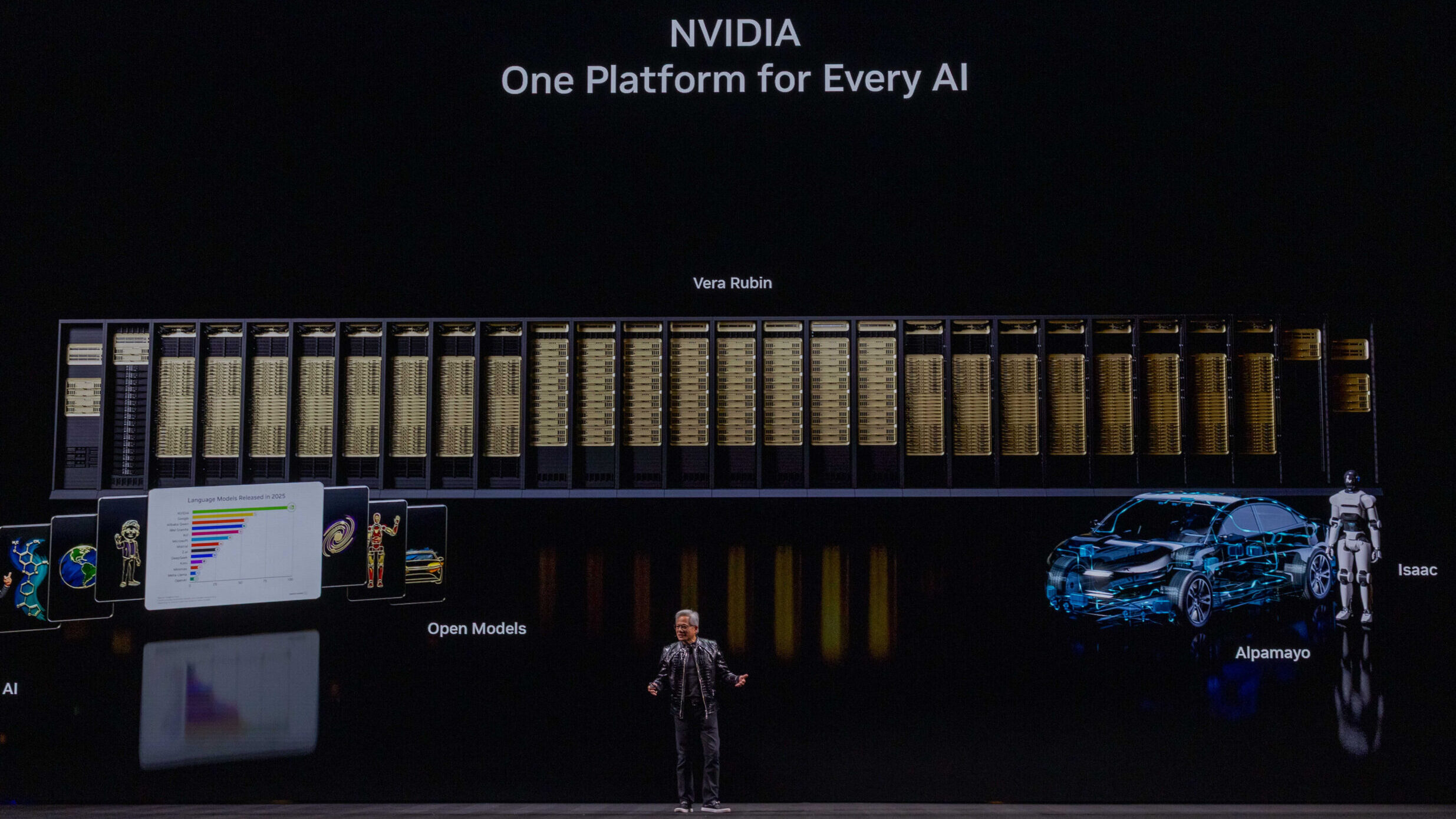 Nvidia CEO Jensen Huang speaks on stage at an event promoting the company's Nvidia One Platform.