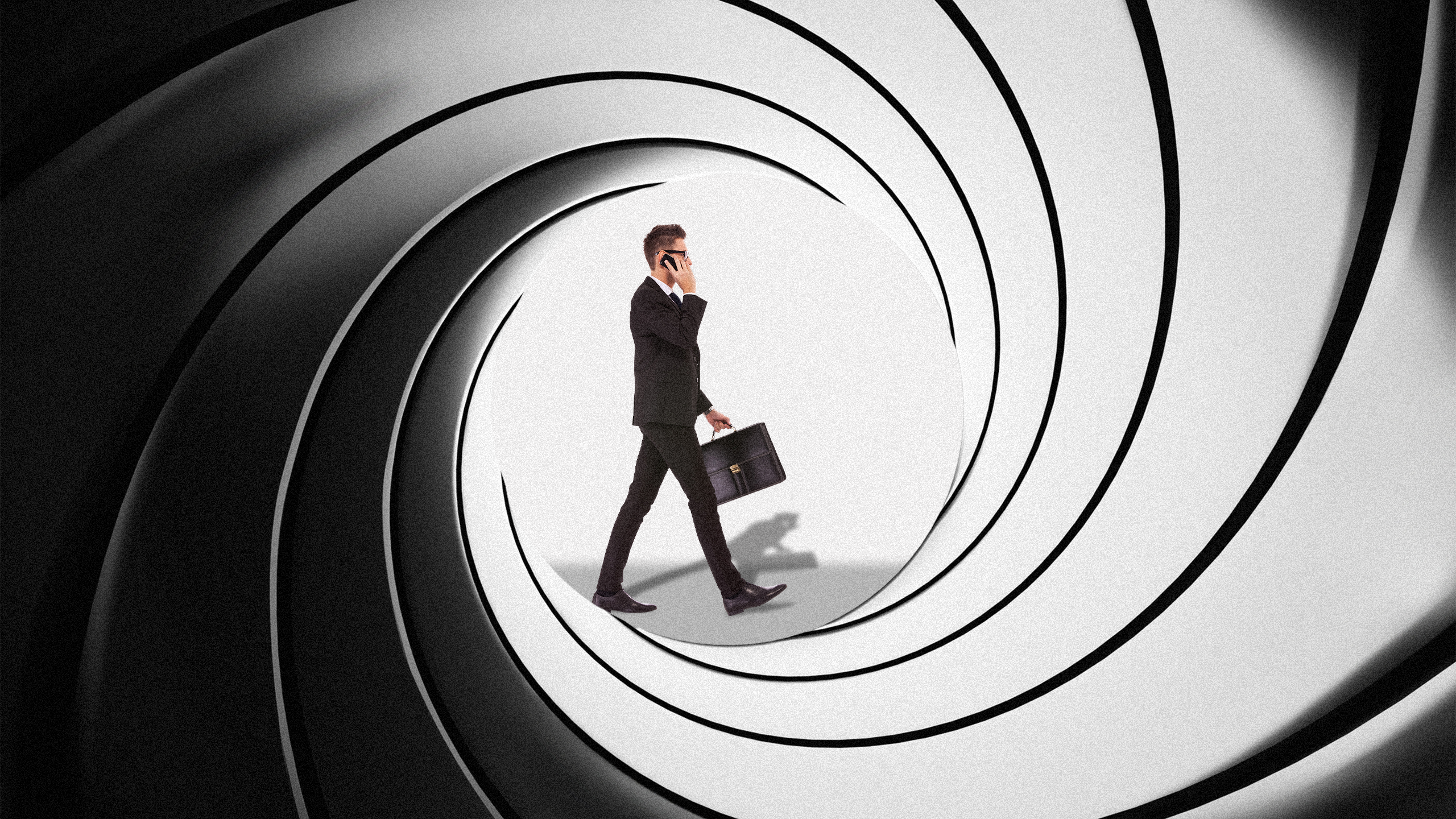 Photo illustration of the James Bond gun barrel shot, but the person in view is an advisor with a brief case