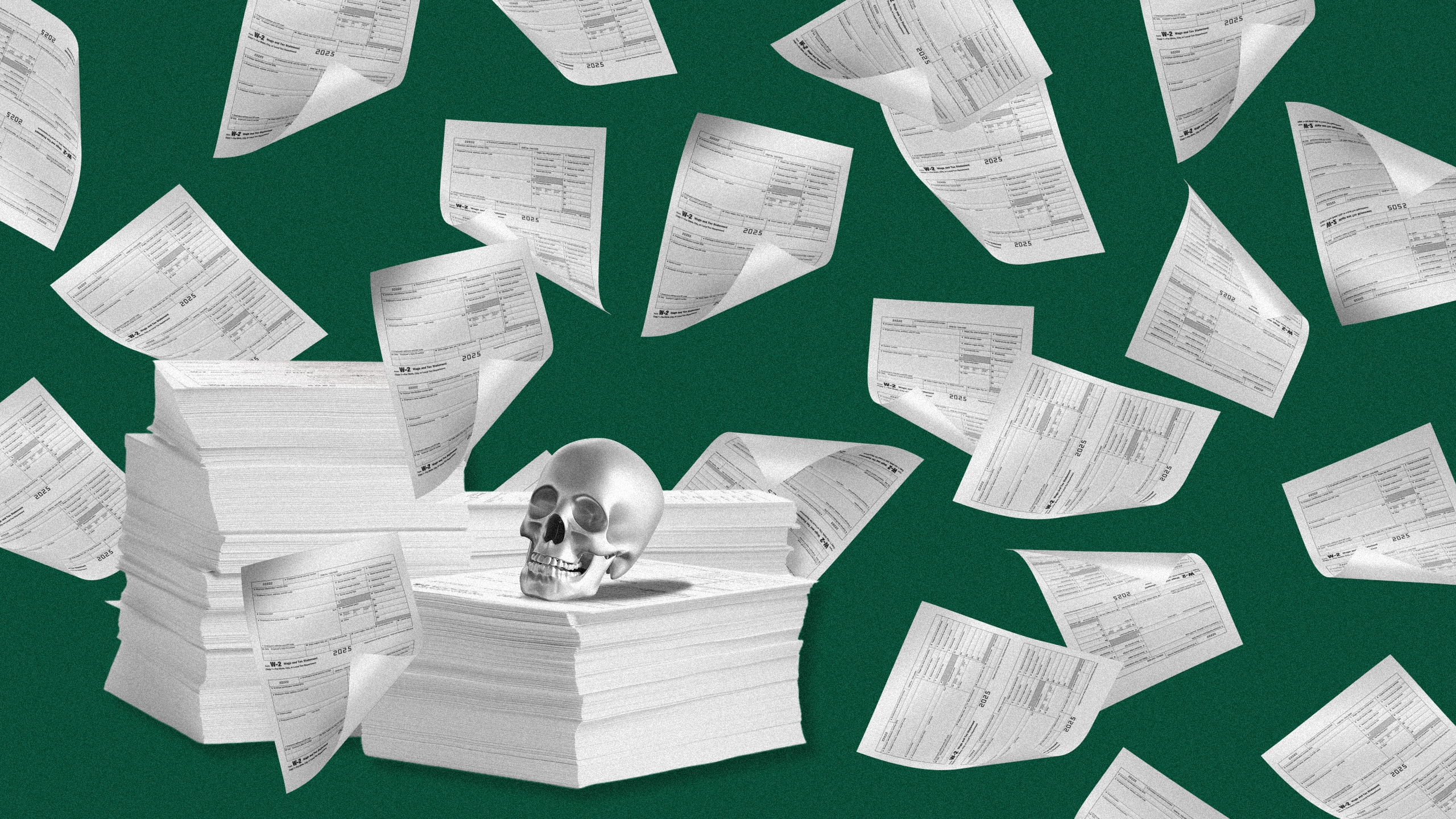 Photo illustration of flying W2 forms and three stacks of paper, weighed down by a skull paperweight