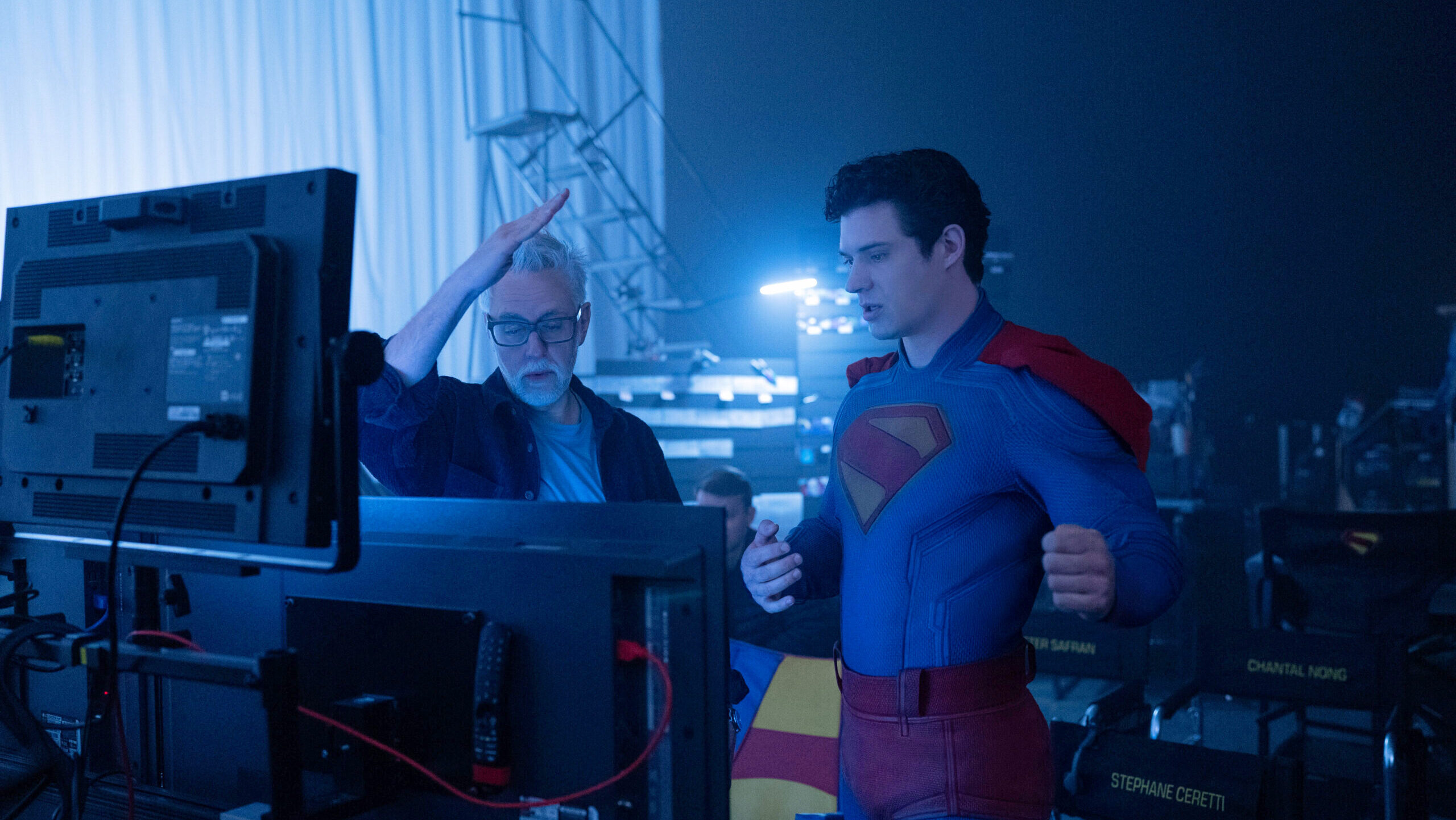 Photo of Superman actor David Corenswet and director James Gunn on set.