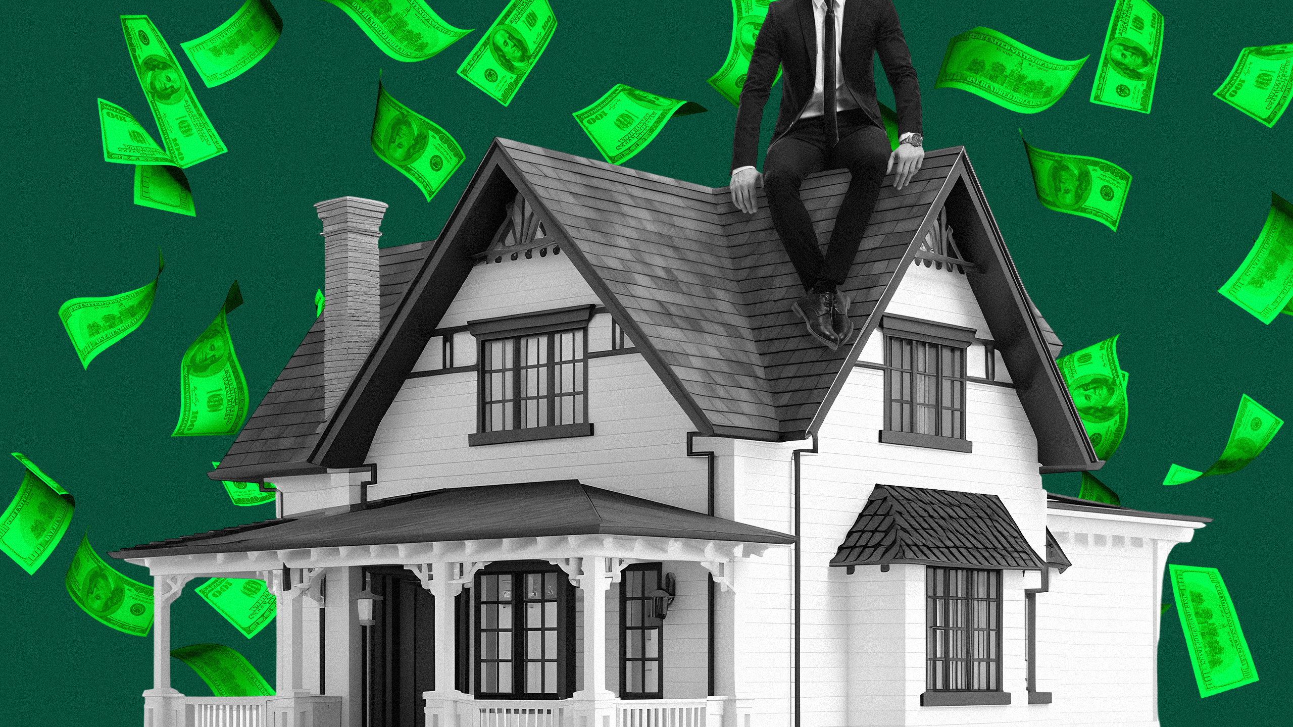 Photo illustration of a businessman sitting on top of a house