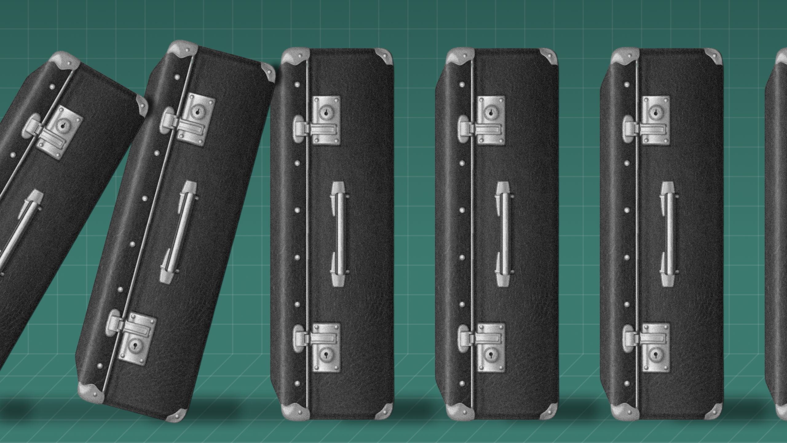 Photo illustration of briefcases stacked vertically like dominoes