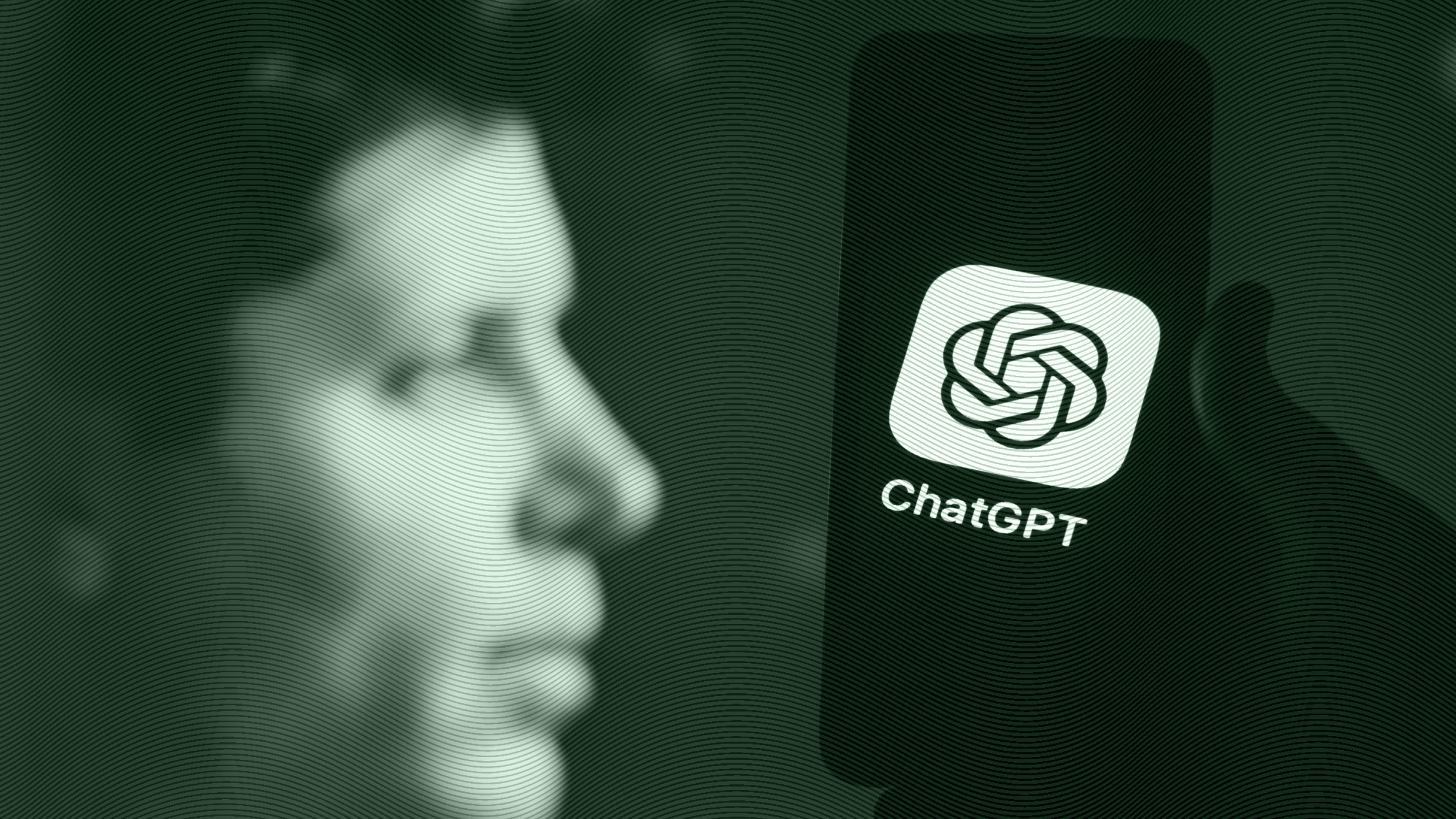 Photo of ChatGPT logo on a phone in front of Sam Altman
