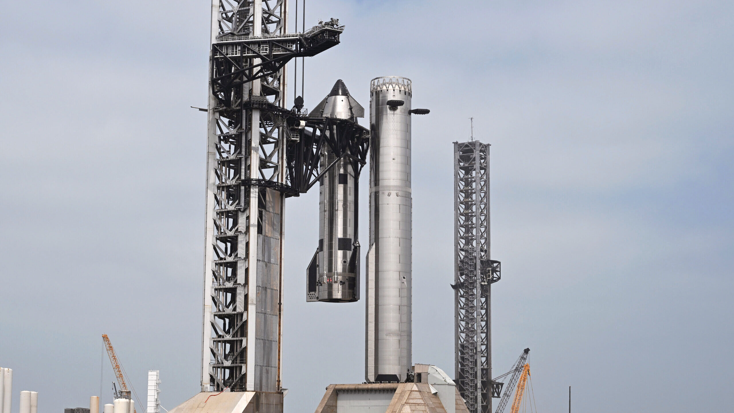 Photo of the SpaceX Starship spacecraft being prepared for launch.