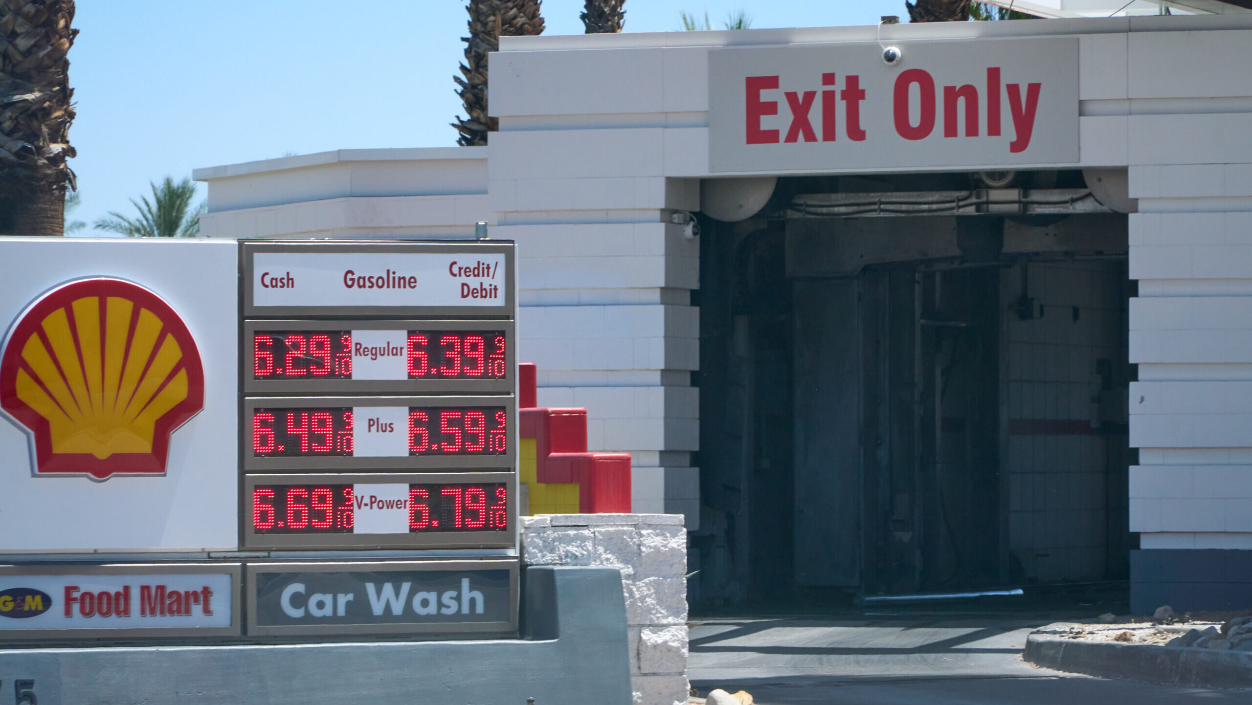 Gasoline prices are displayed at a Shell gas station in Palm Springs, California, on May 6, 2026.
