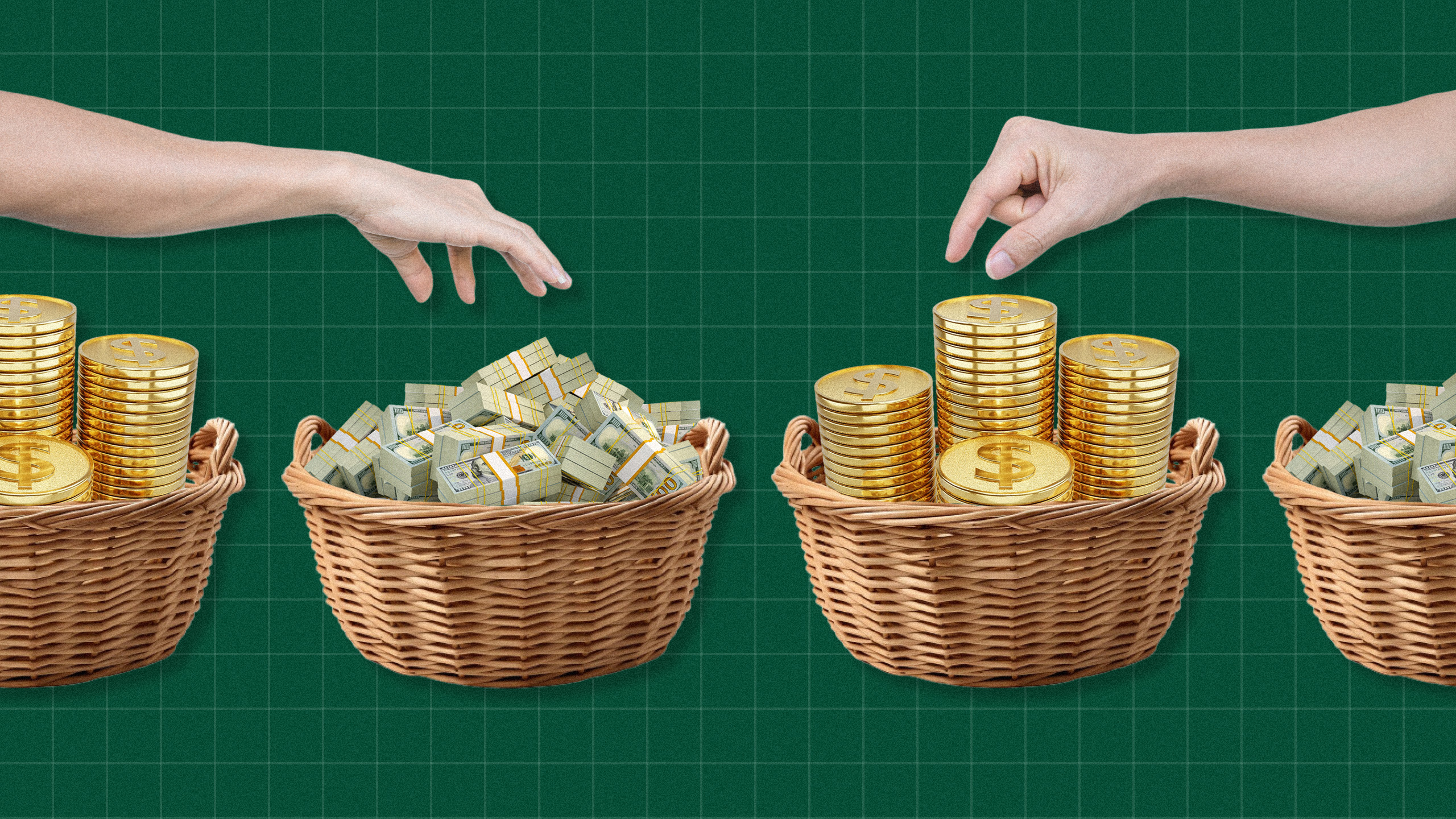 Photo illustration of hands reaching for of money in different baskets