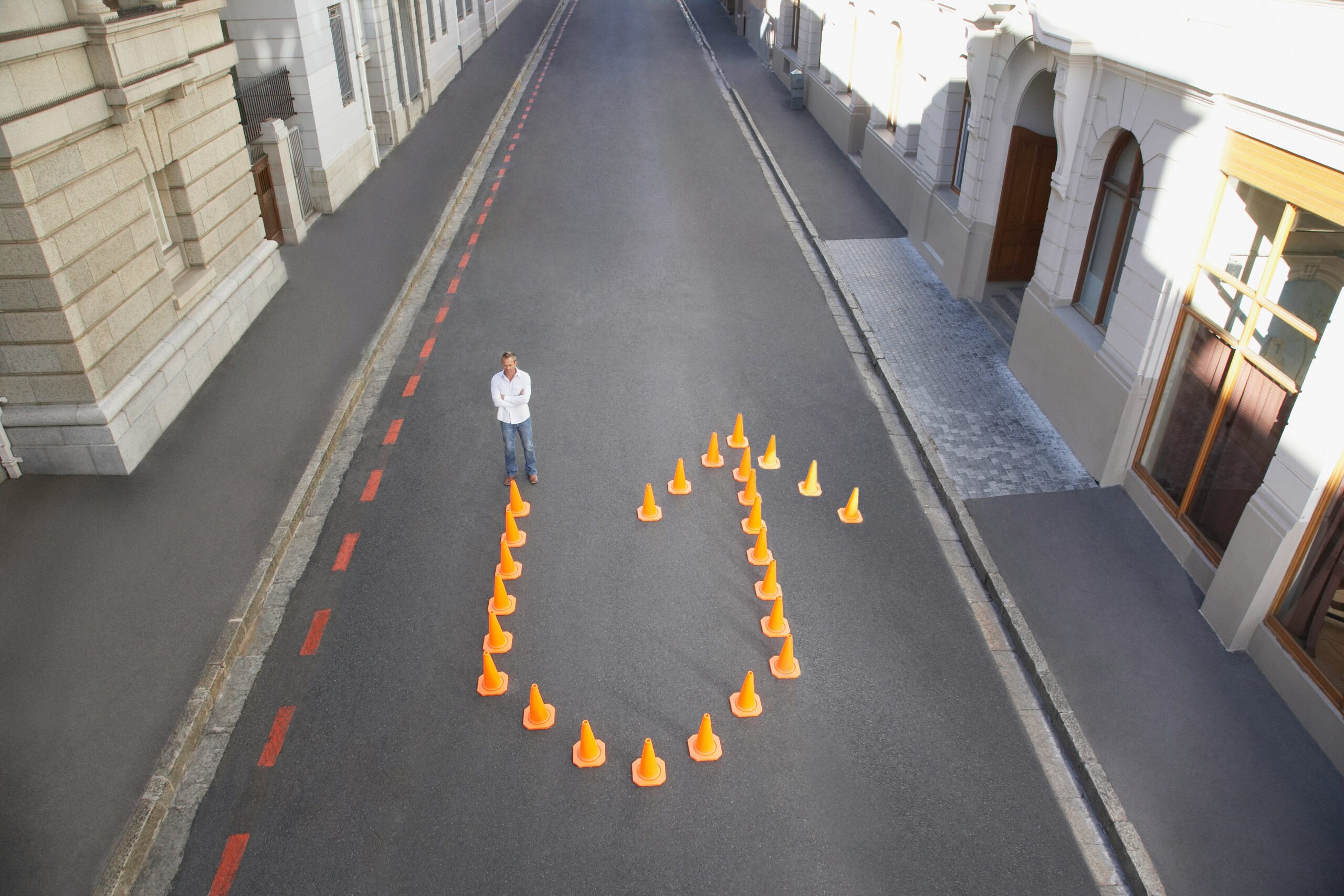 Cones in the shape of a turning arrow.