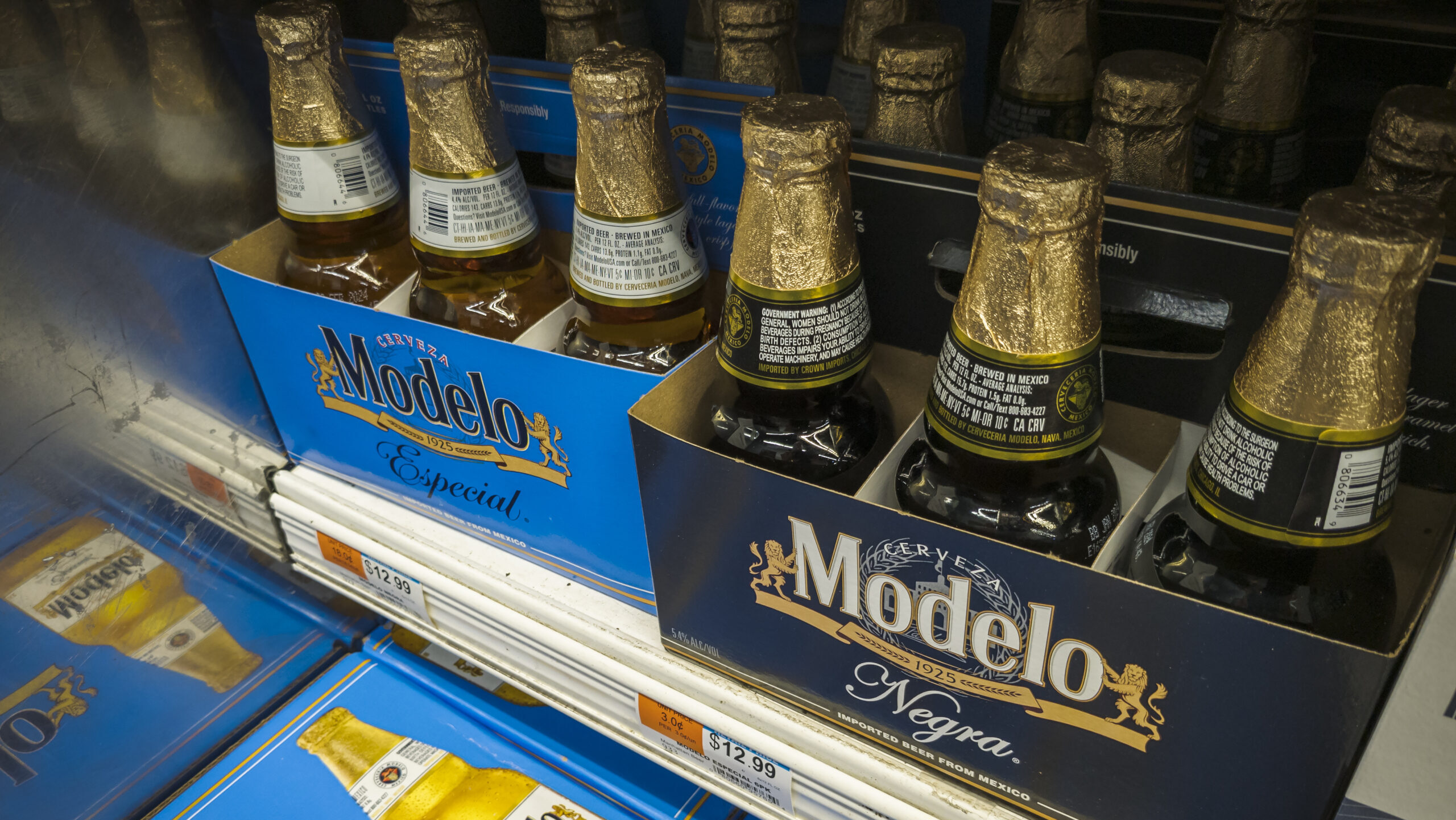 Six-packs of Constellation Brands' Modelo brand beer are shown in a New York City supermarket