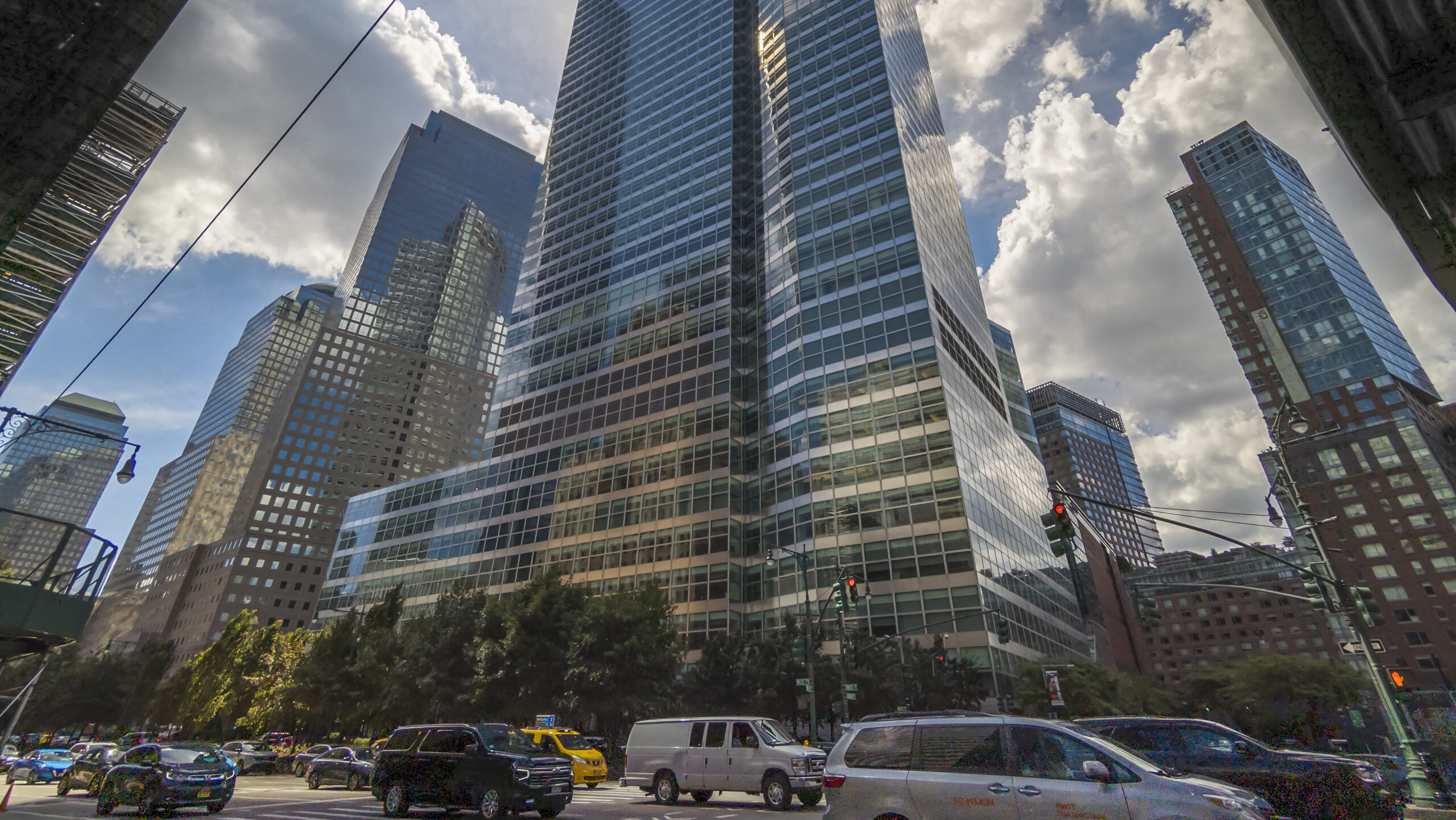 The Goldman Sachs headquarters in New York at 200 West Street is shown on a partly cloudy day.
