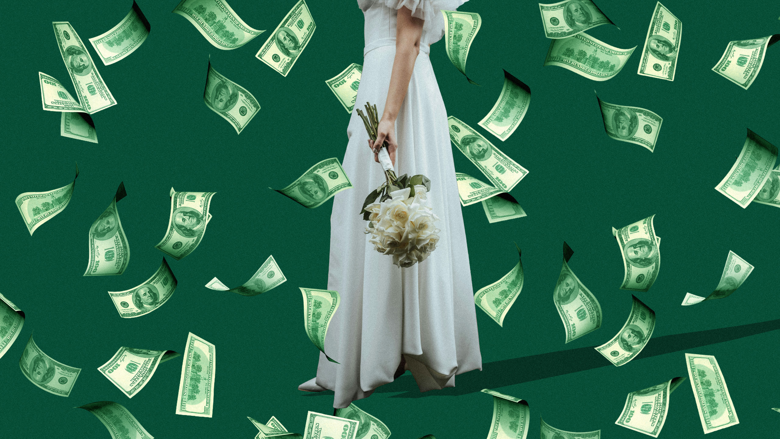 Photo illustration of a bride holding a bouquet of flowers with dollar bills flying around her