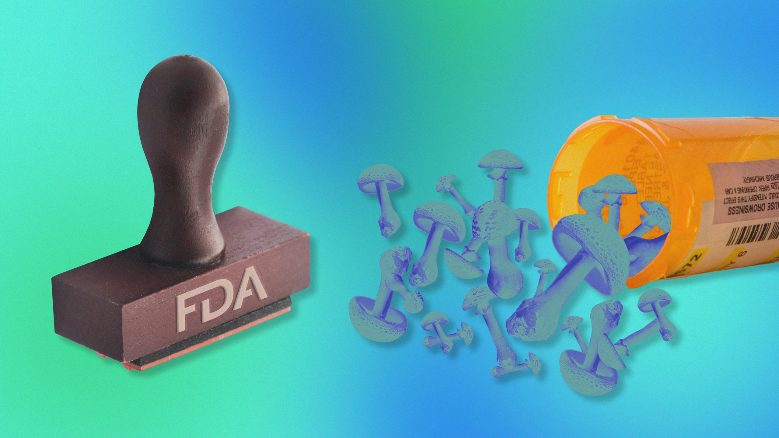 Photo illustration of psychedelic mushrooms spilling out of a pill bottle next to a stamp labeled "FDA"