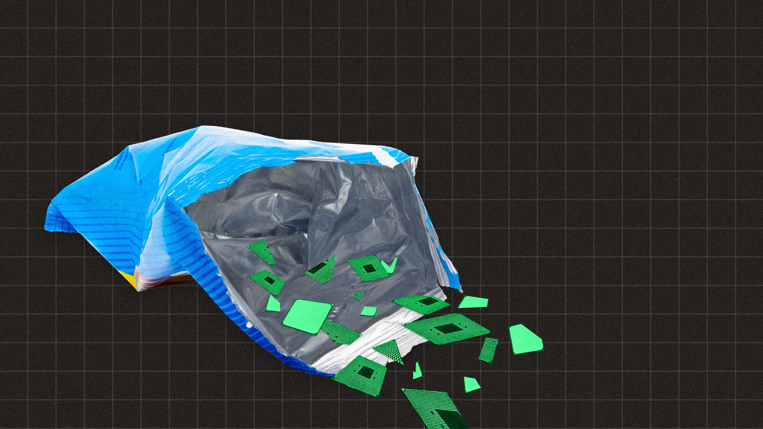 Photo illustration of an empty chip bag with crumbs of cracked microchips