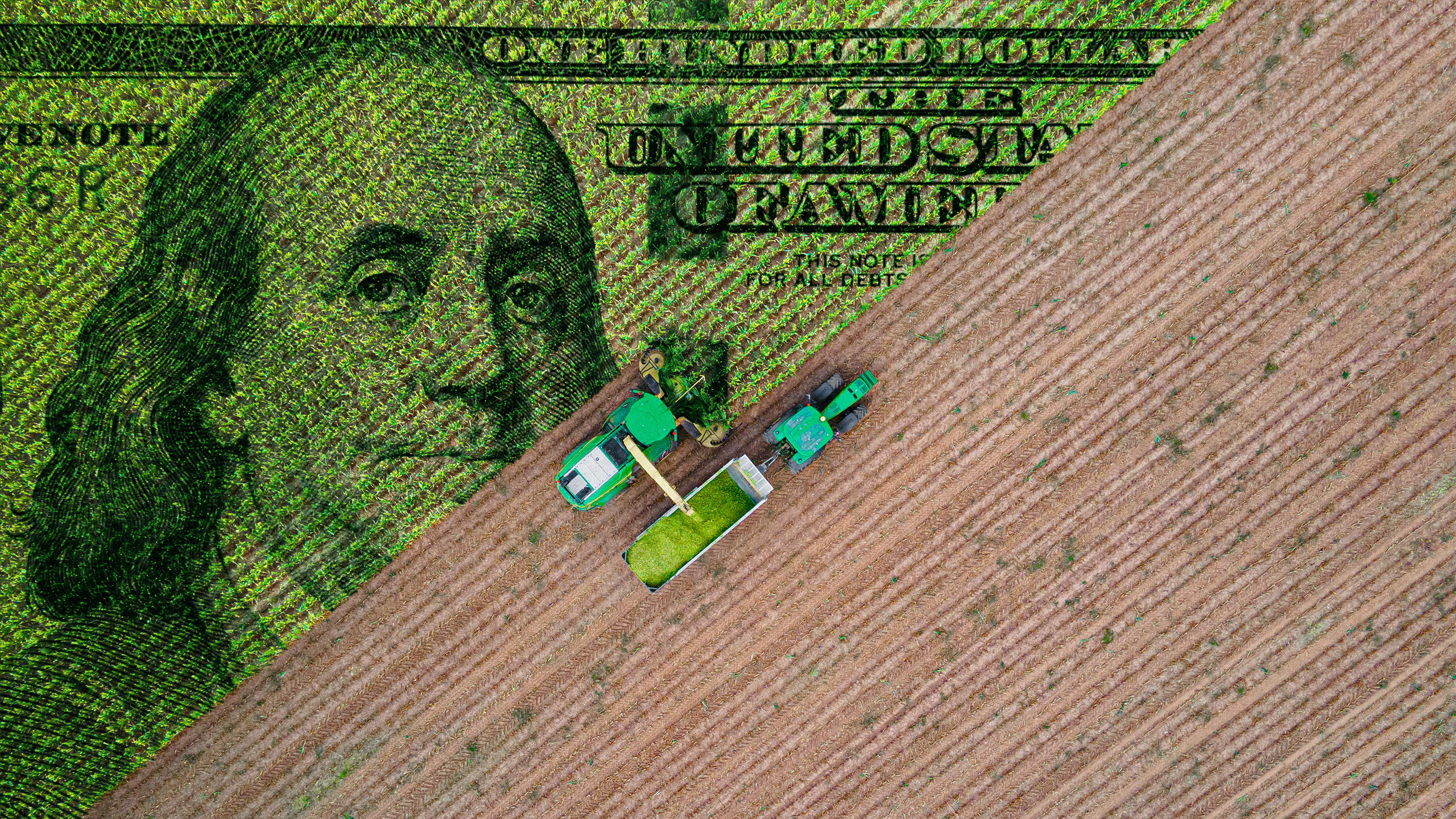 Photo illustration of a tractor plowing a field with a one hundred dollar bill overlaid on top