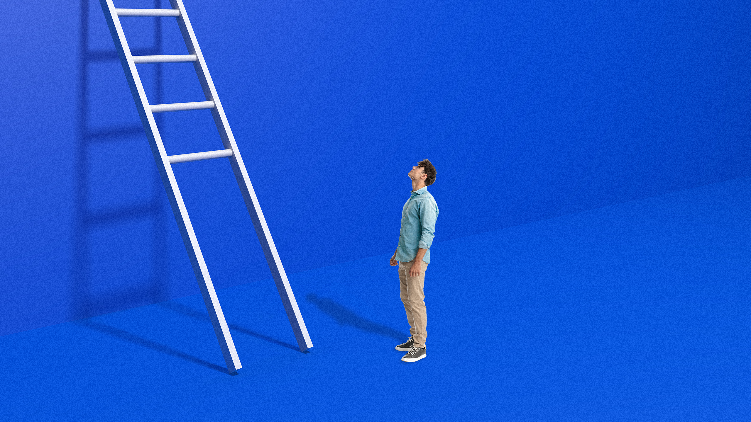 Photo illustration of a young person looking up at a ladder without the bottom rungs