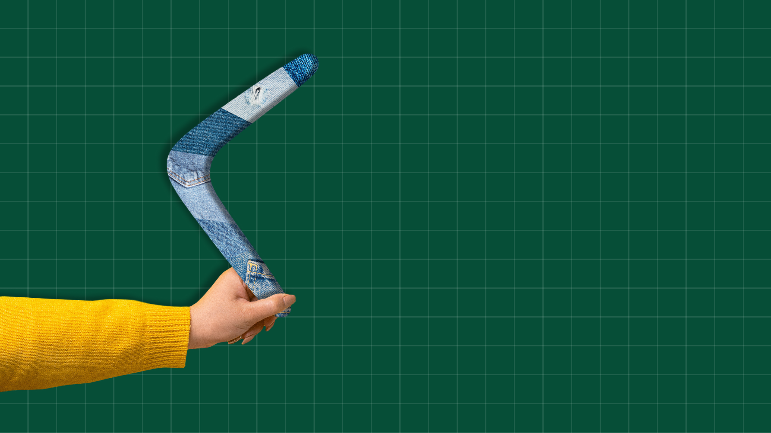 Photo illustration of a person throwing a boomerang made out of denim