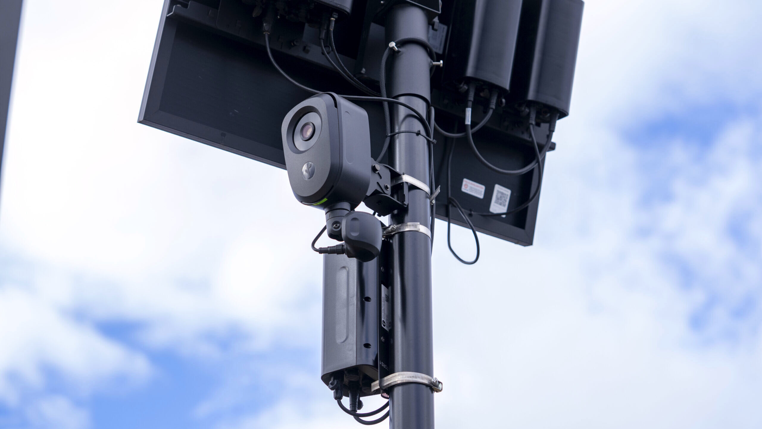 Photo of a Flock surveillance camera.